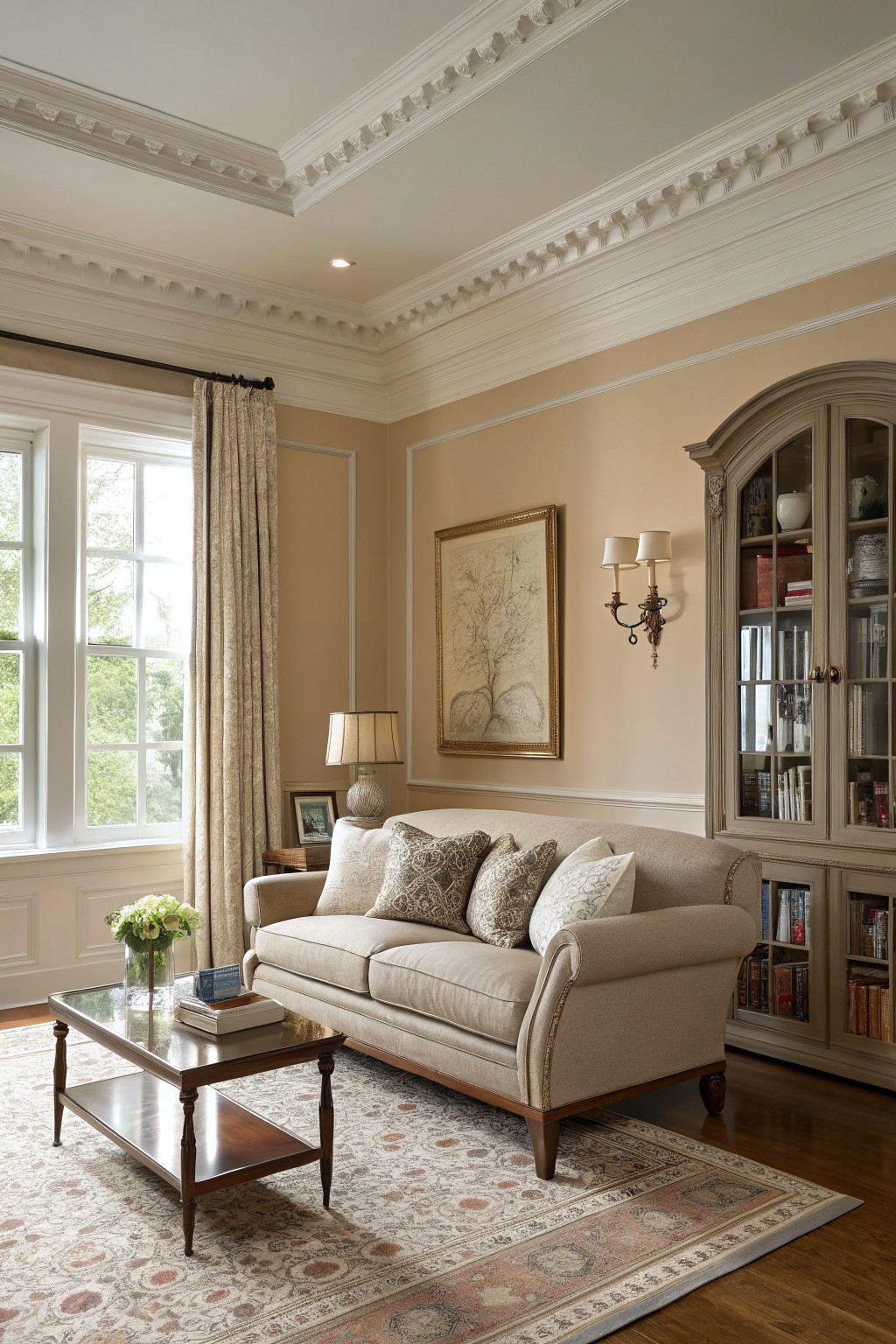 Living room walls painted in a soft warm beige with white trim and tall windows.