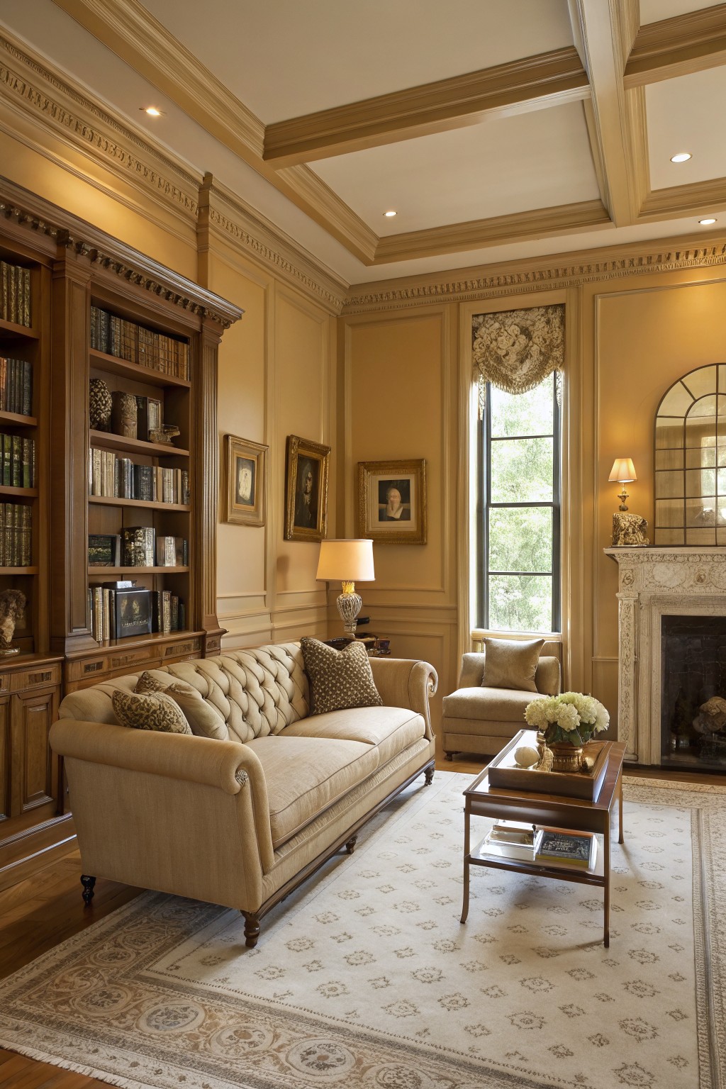 Warm beige walls in a living room with wood built-ins and a fireplace.