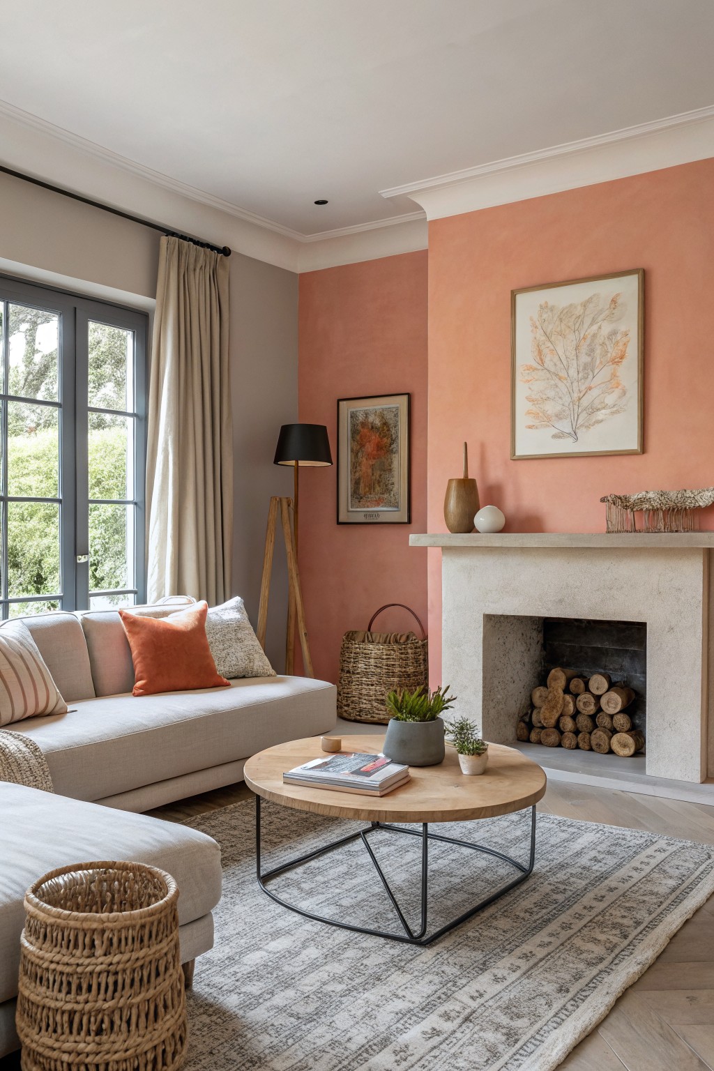 A living room featuring warm coral walls and a stone fireplace mantel.