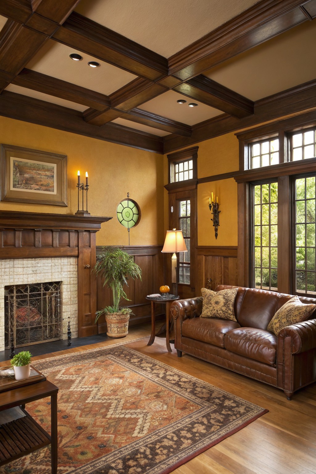 Warm golden yellow walls in a living room with dark wood trim and a fireplace.
