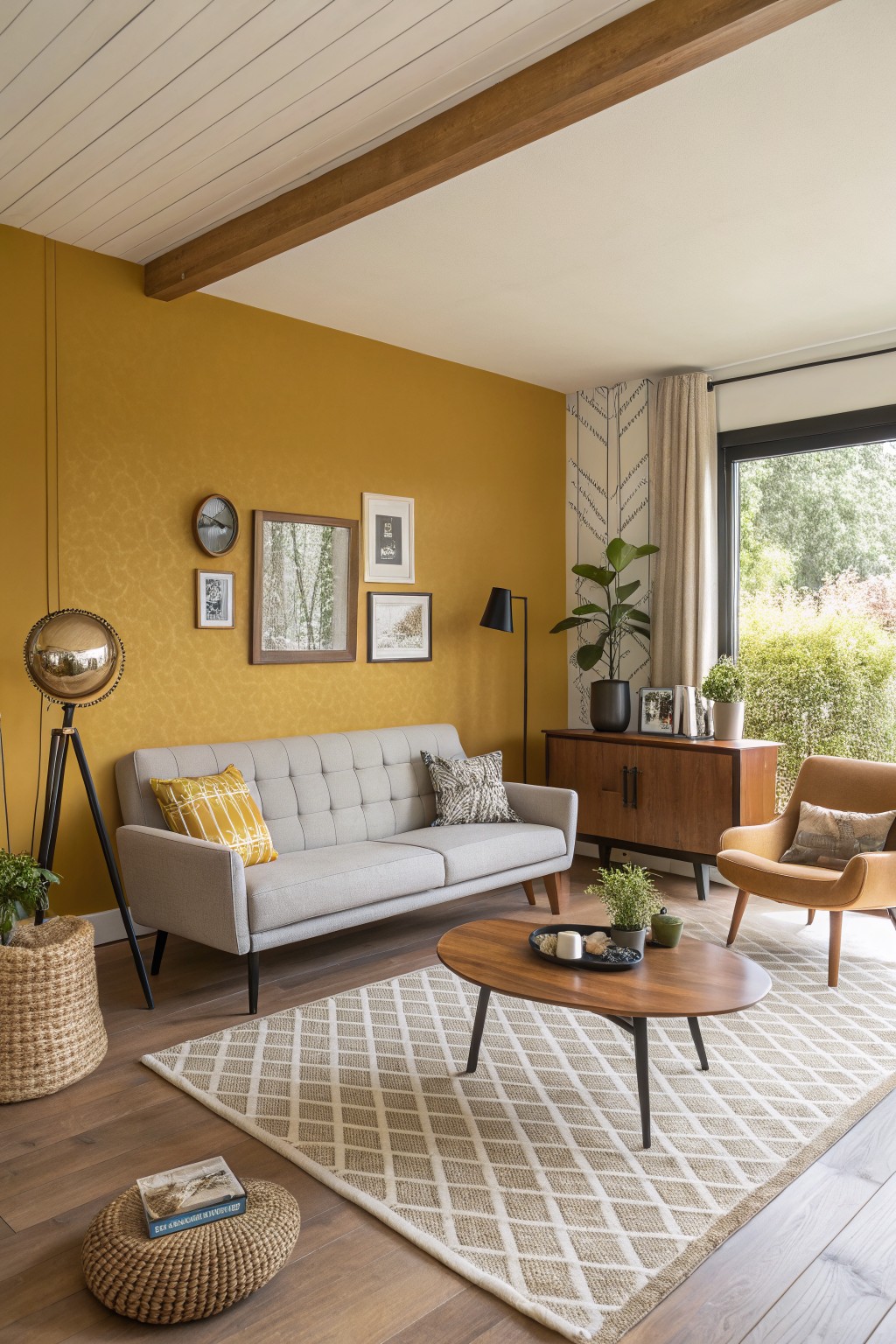 A living room featuring warm mustard yellow walls with a gray sofa and wooden furniture.