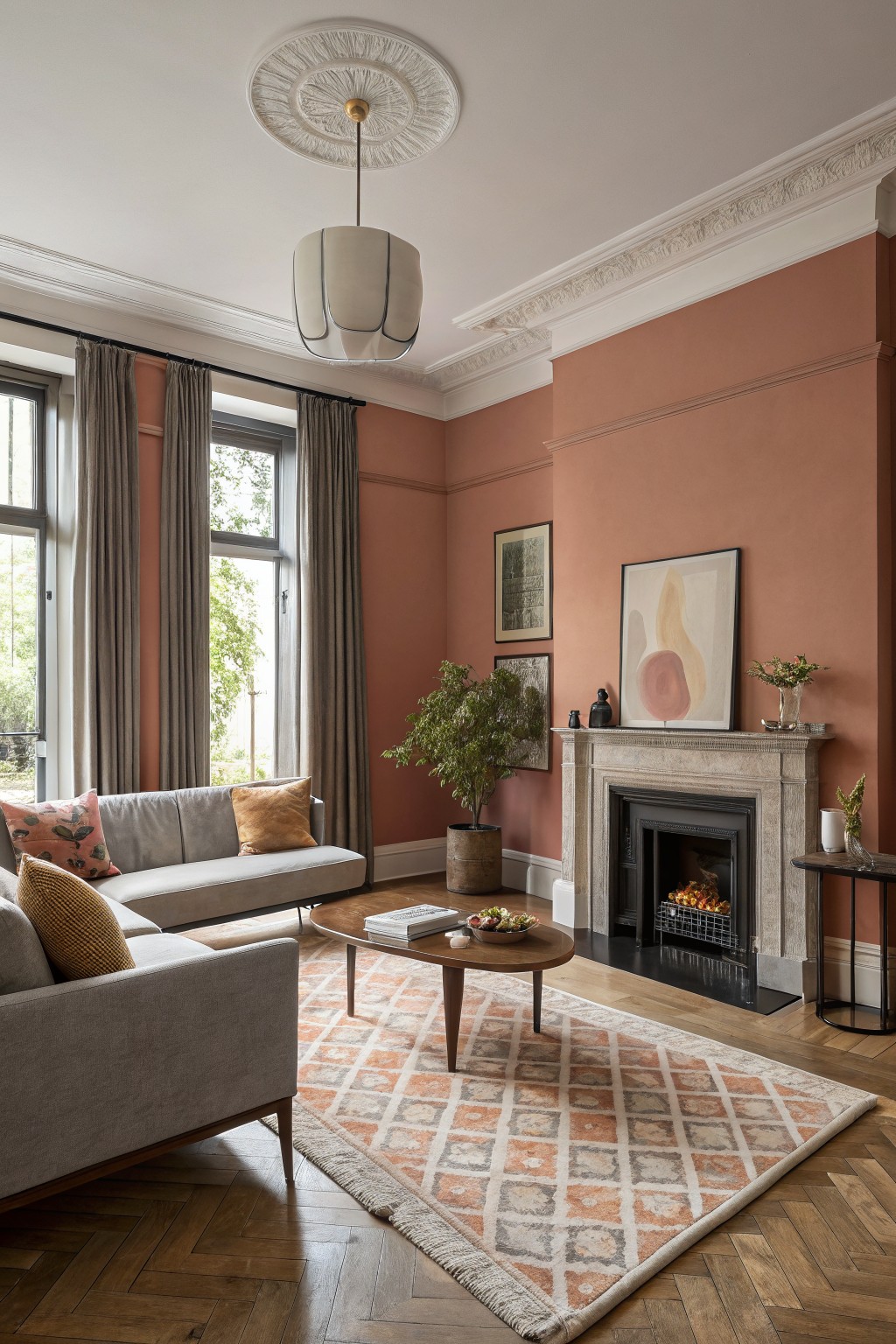Living room with warm terracotta walls and a stone fireplace.