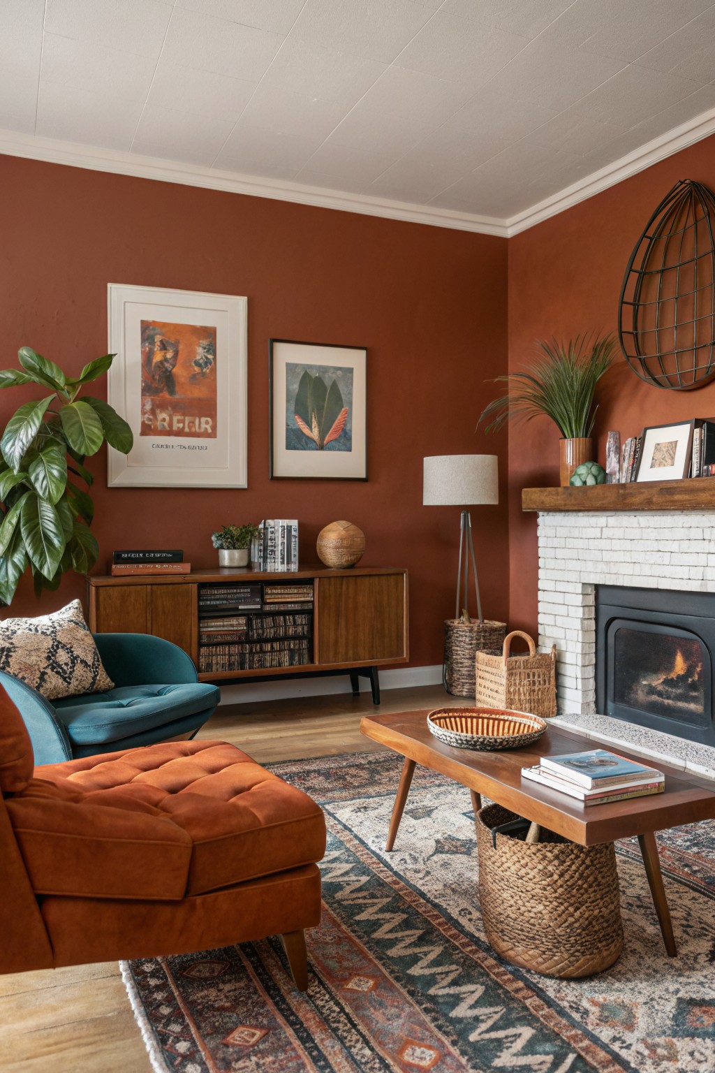 A living room featuring warm terracotta walls with a wooden console and fireplace.