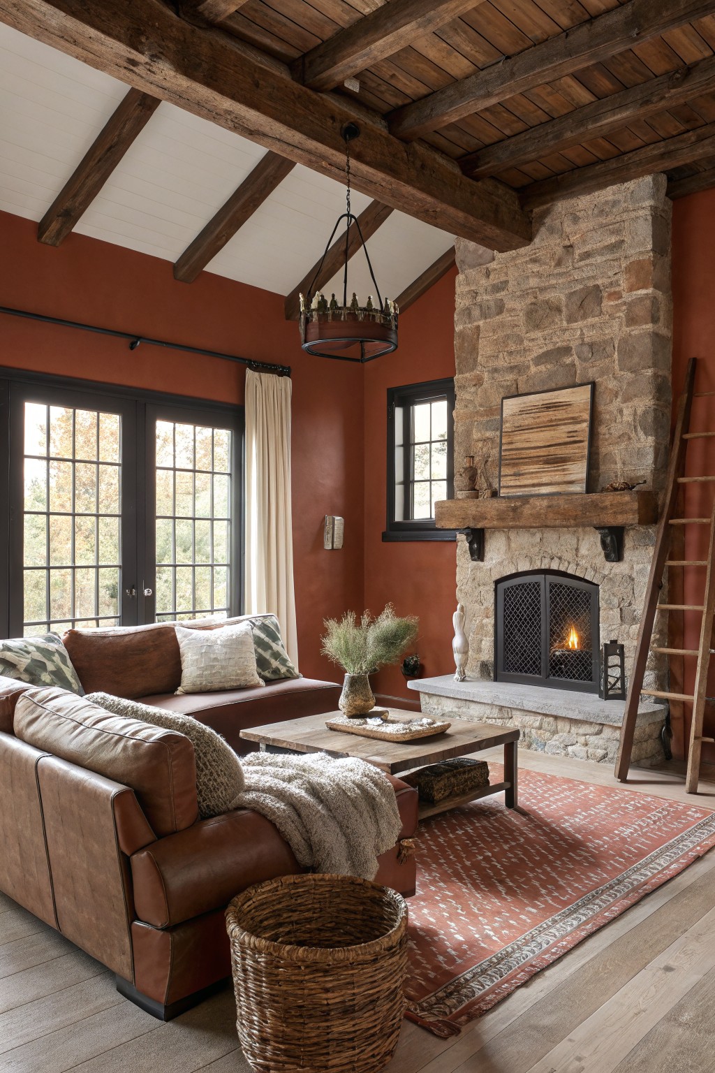 Living room walls painted in a warm terracotta color beside a stone fireplace.