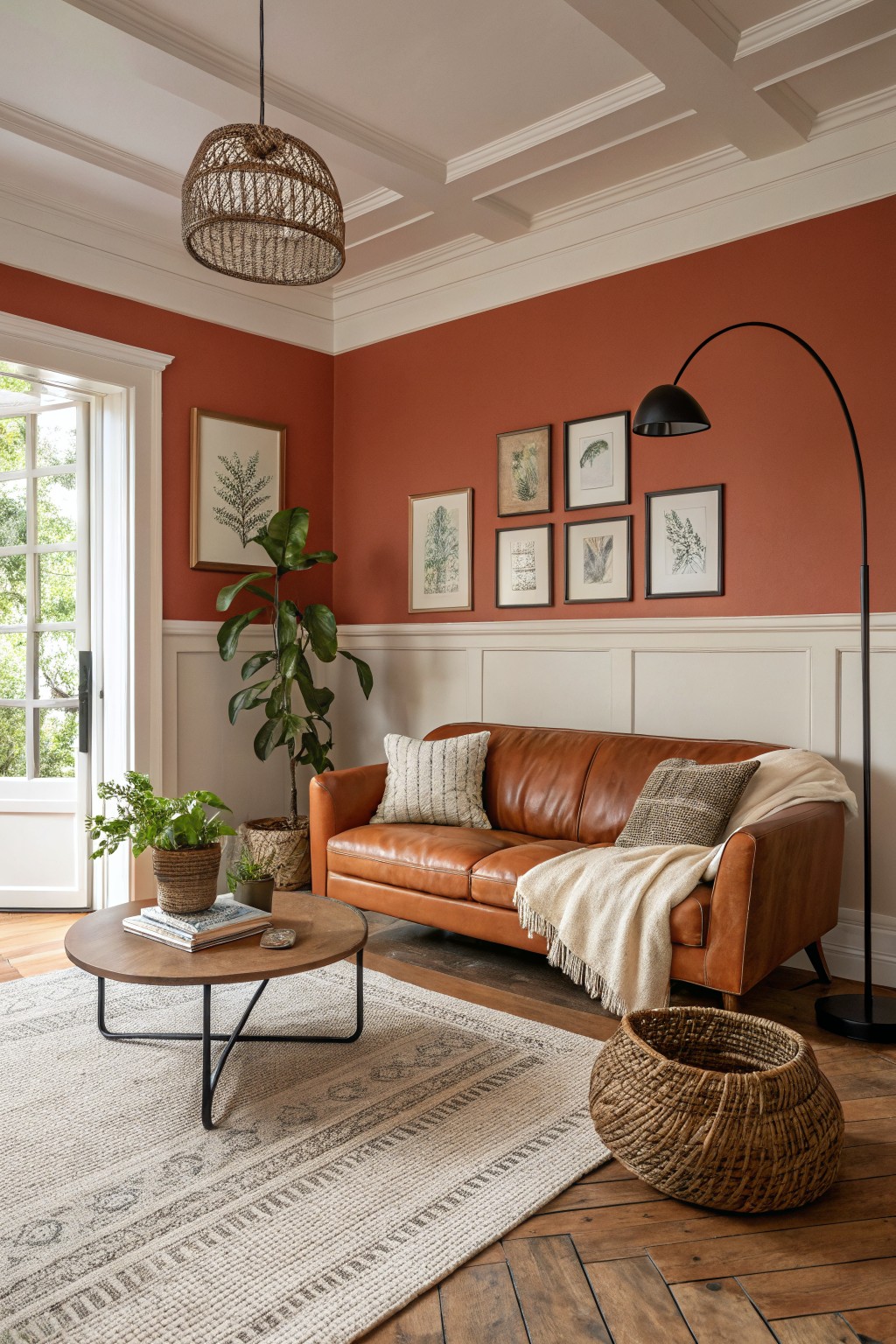A living room featuring warm terracotta walls paired with white wainscoting.