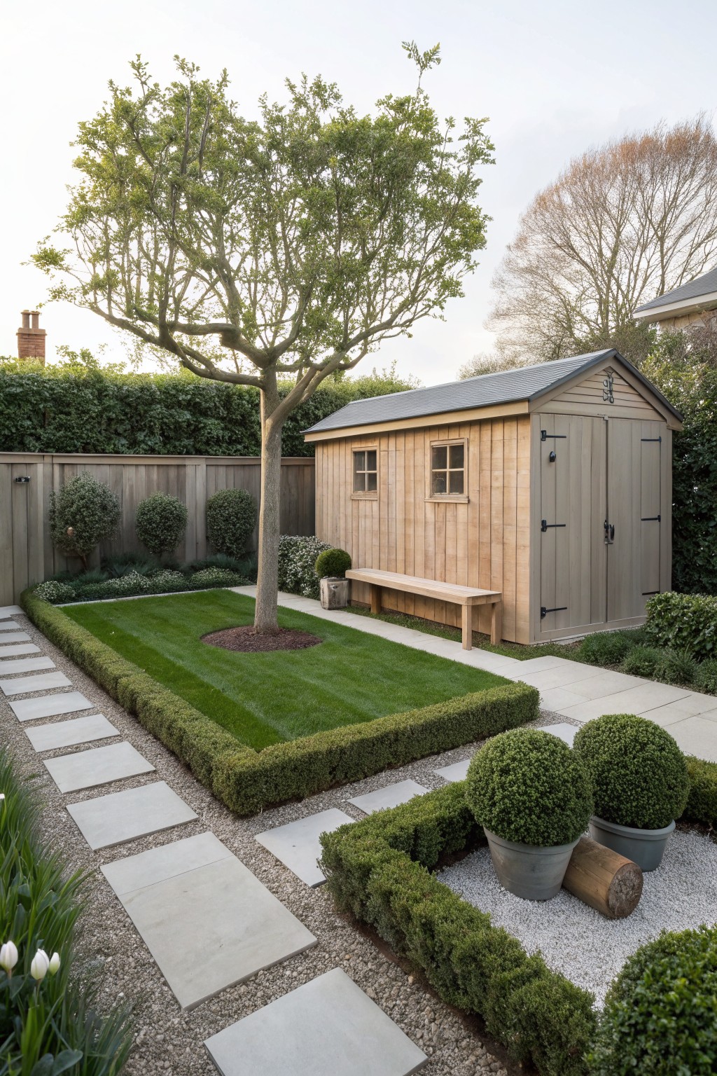 A minimalist backyard garden with a rectangular lawn edged by low boxwood hedges, a central deciduous tree, light gray stone paver path, wooden garden shed, potted topiary plants in gravel, and surrounding fences.