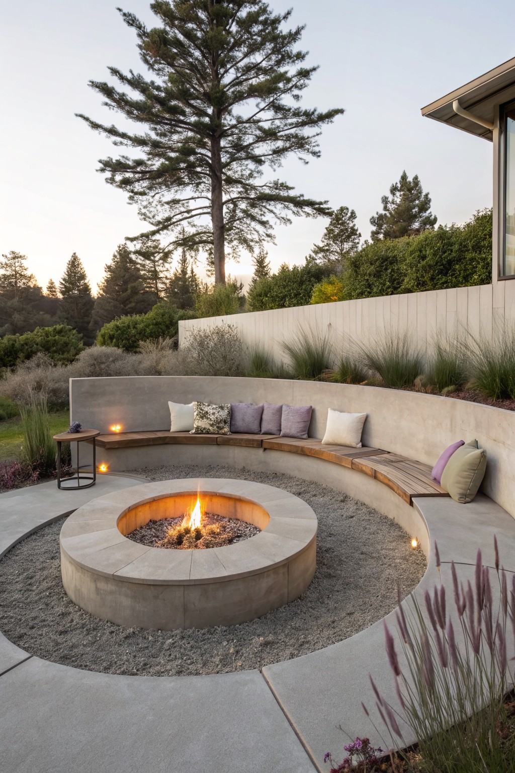 Circular concrete fire pit with flames, surrounded by curved wooden benches built into a concrete wall with pillows, gravel ground, grasses, and trees in a backyard at dusk.