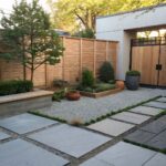 Narrow backyard pathway of large rectangular gray stone slabs spaced across dark gravel and white pebbles, lined with low green shrubs, bonsai trees in pots, and wooden fences beside a modern house wall.