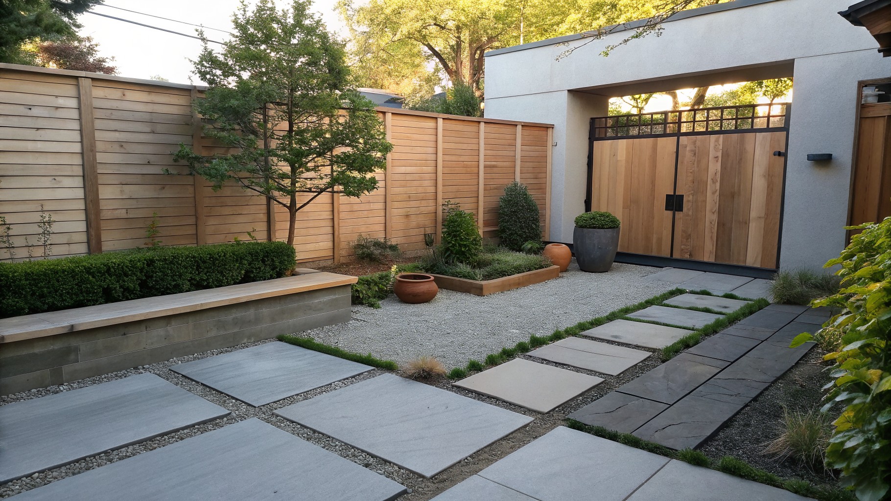 Narrow backyard pathway of large rectangular gray stone slabs spaced across dark gravel and white pebbles, lined with low green shrubs, bonsai trees in pots, and wooden fences beside a modern house wall.