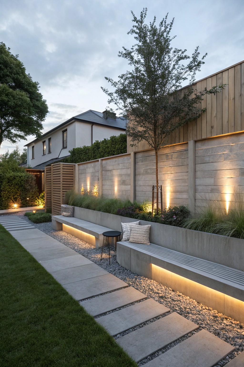 Backyard path of rectangular concrete pavers next to a long low concrete bench and planter with integrated LED strip lighting underneath, ornamental grasses, gravel, cushions, and a wooden-topped concrete fence with house visible in background.