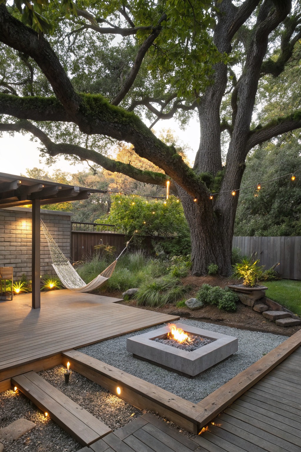 Backyard wooden deck with a square concrete linear gas fire pit containing flames, surrounded by white gravel and edged by wood planks, hammock hanging nearby under a large oak tree with string lights and plants.