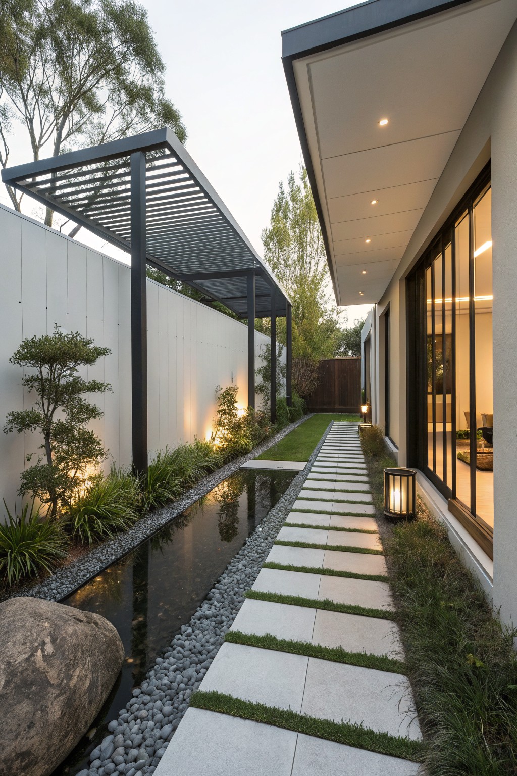 Narrow backyard pathway of large white stepping stones parallel to a linear reflecting water channel lined with pebbles and grasses, with a large rock in the water, low plants, trees, and a modern house wall with large windows alongside.