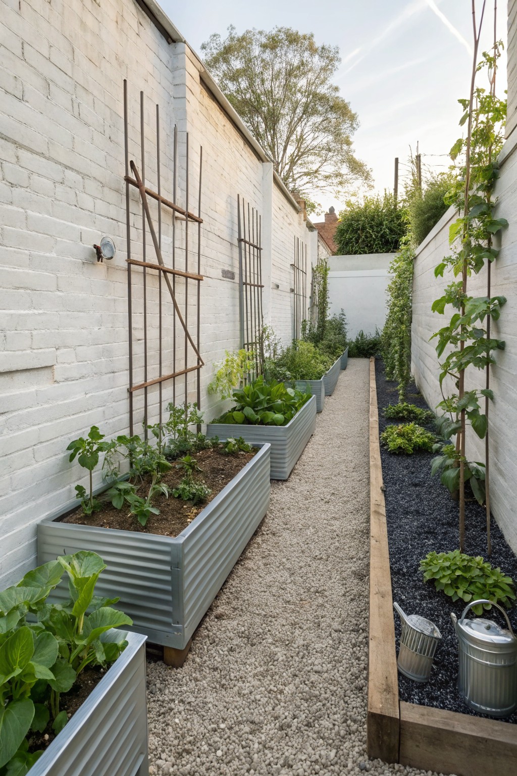 Narrow gravel path flanked by white brick walls and lined with rectangular galvanized metal raised planters filled with vegetables like tomatoes and greens, plus trellises, young trees, and metal watering cans.
