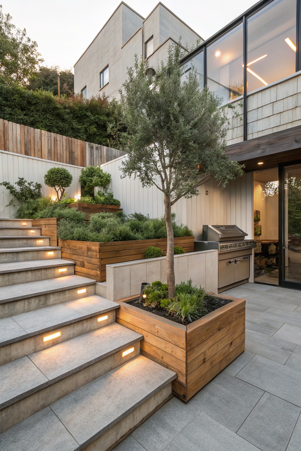 Concrete terraced steps on a sloped backyard with integrated wooden planter boxes containing greenery and an olive tree, step lighting, barbecue grill, and glass doors to a modern house.