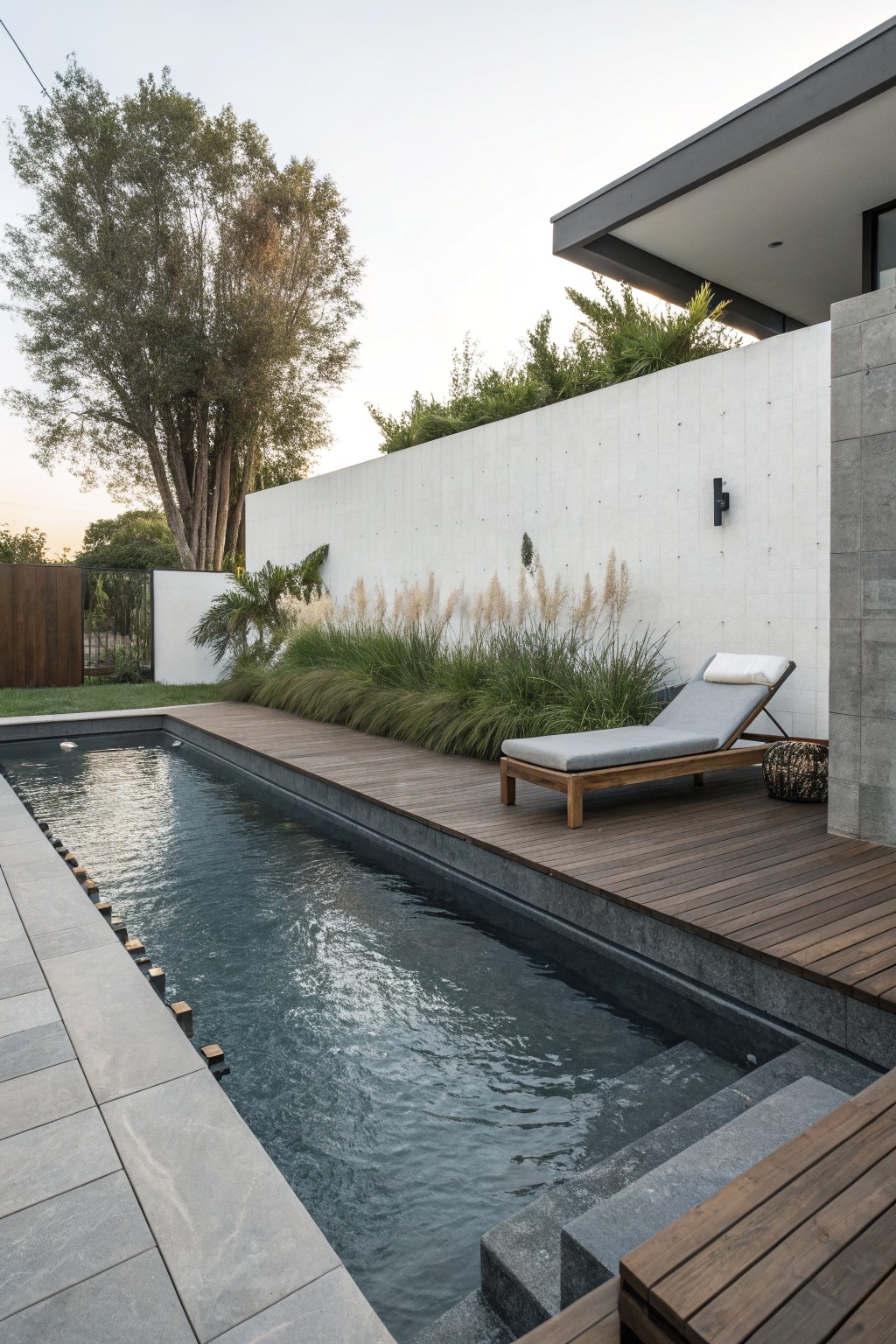 Narrow rectangular pool with dark blue water and floating markers, adjacent wooden deck holding a gray cushioned lounge chair and basket, bordered by gray stone pavers and steps, white stucco wall with pampas grass, and tropical plants in the background.