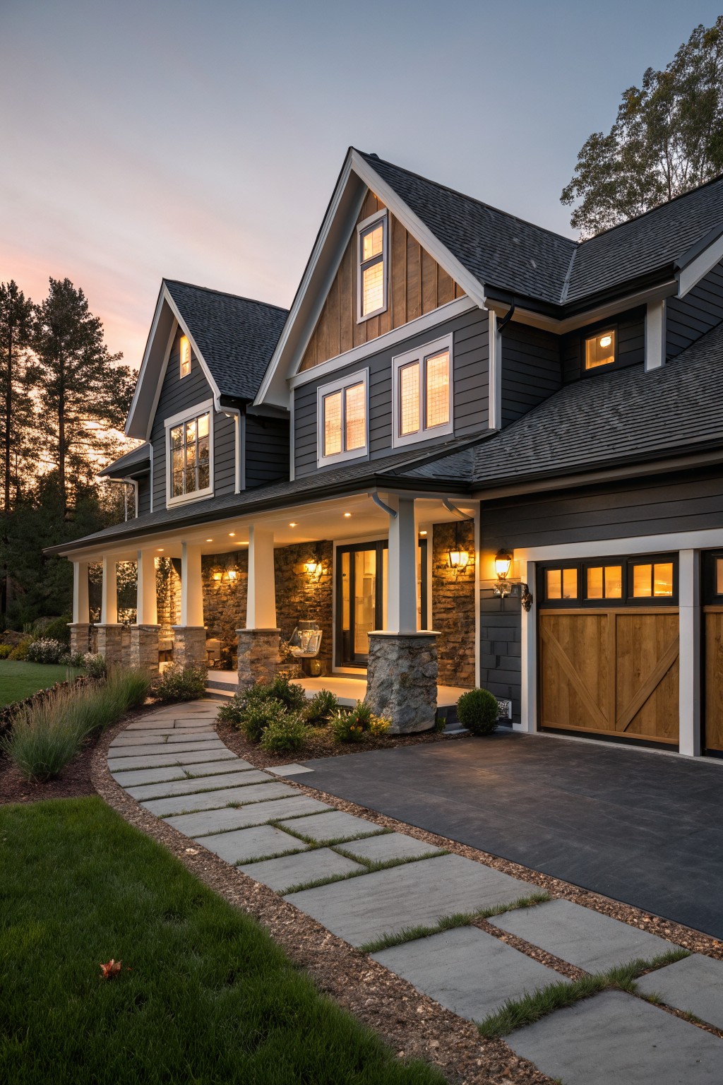 A two-story house with dark charcoal gray siding, white trim, and a wooden garage door.