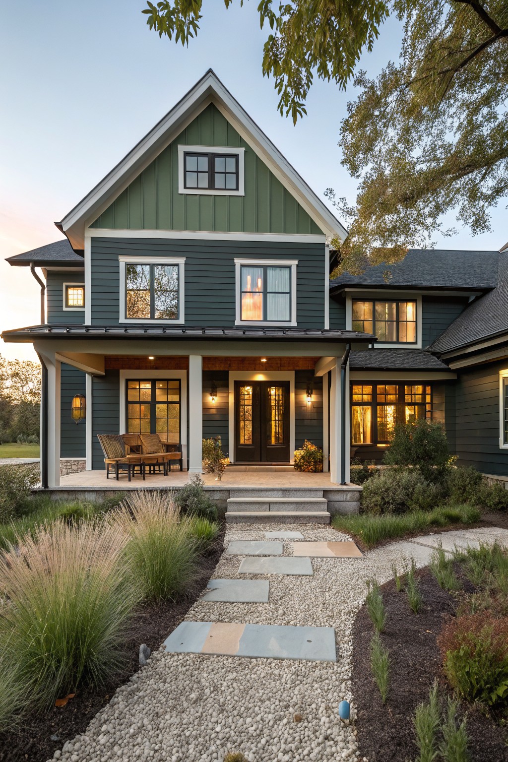 A house with dark green siding along a gravel walkway.