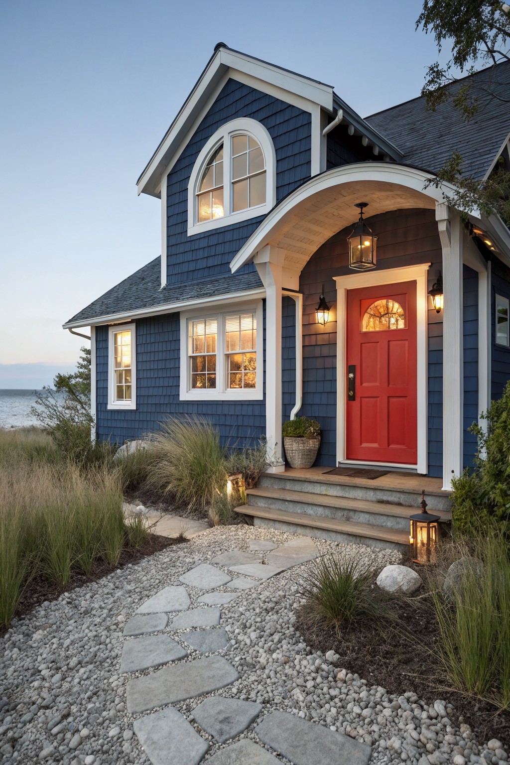 A house exterior painted in deep navy blue with white trim and a stone path leading to the steps.