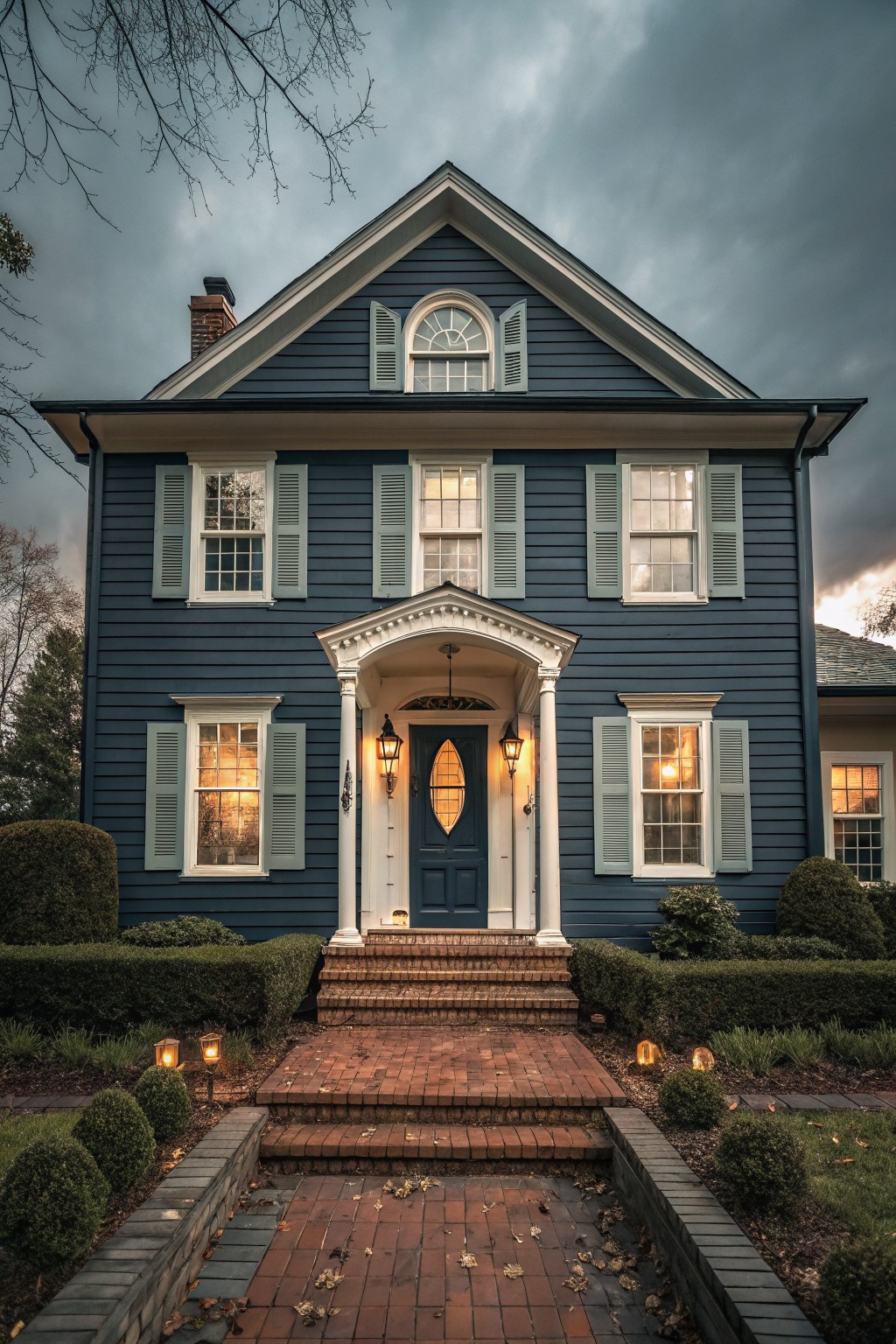 A two-story house with deep blue siding and white trim around the entrance.