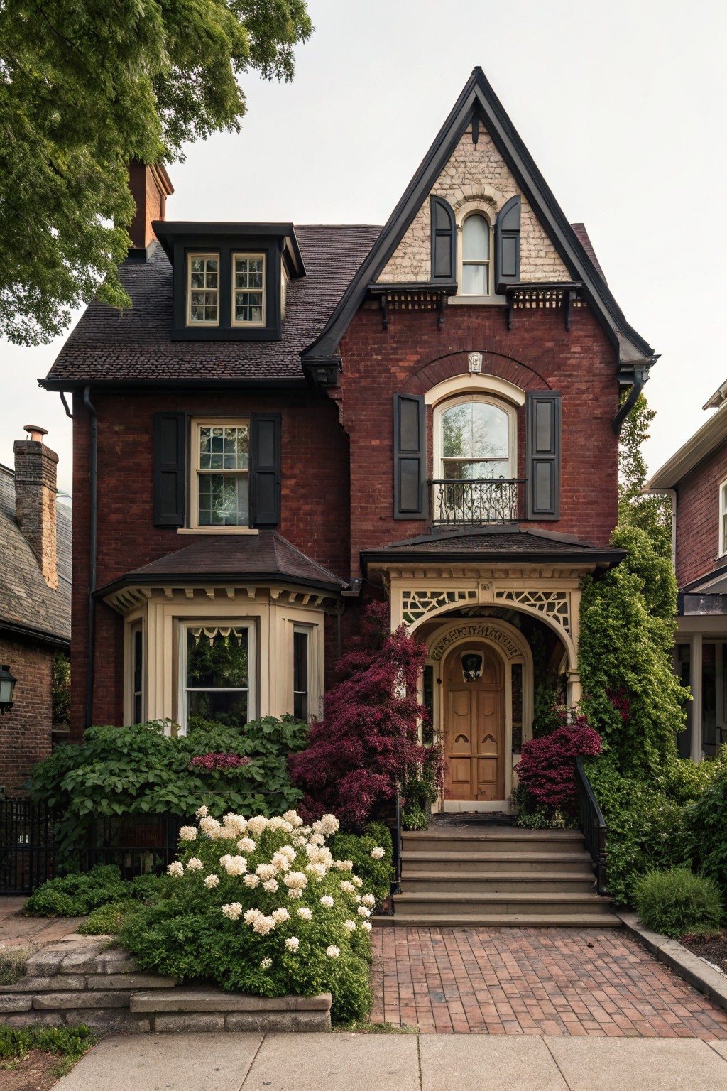 A house exterior finished in deep red brick with dark trim and shutters.