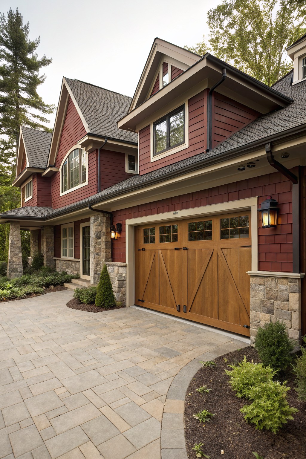 A house with deep red siding and a large wooden garage door.