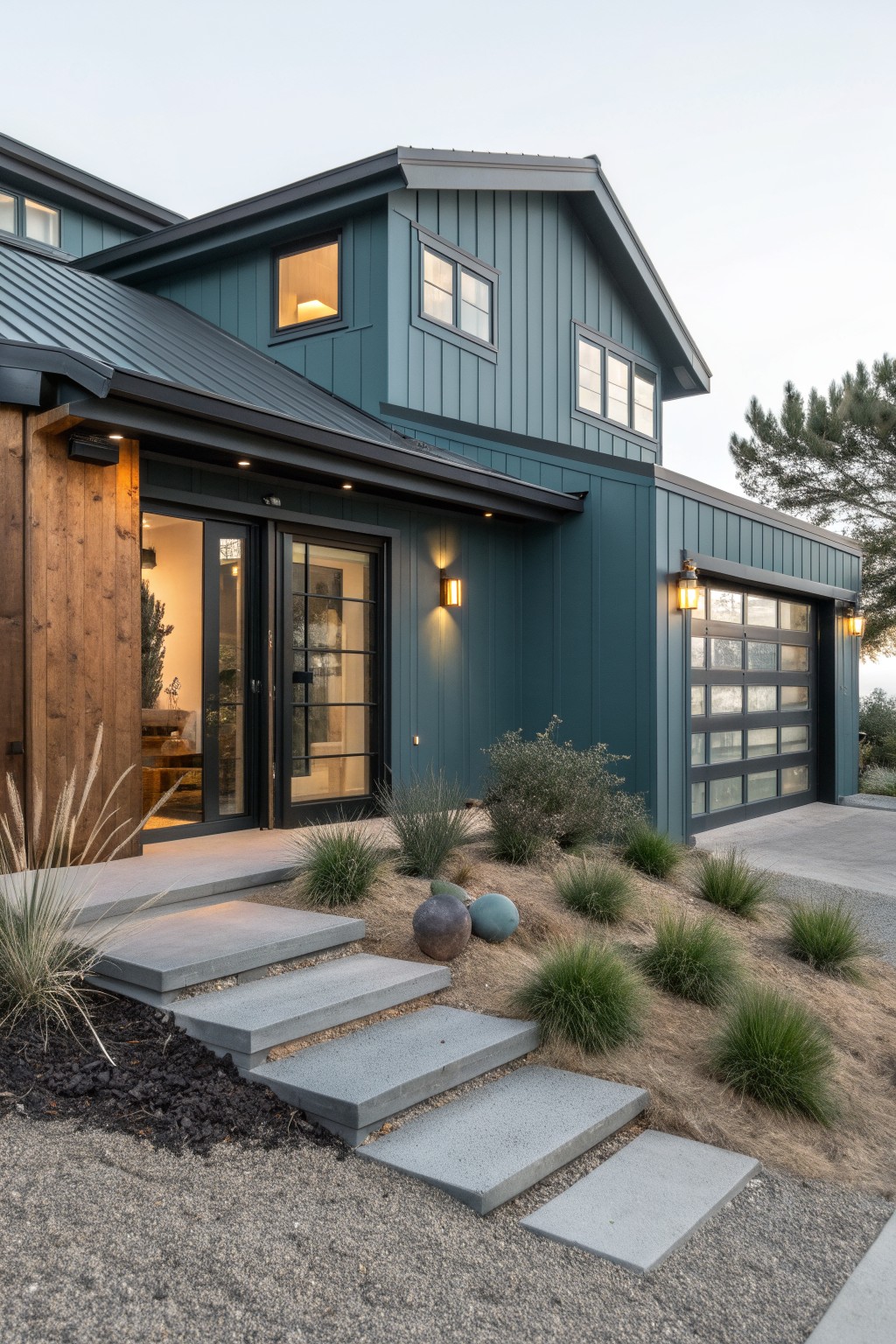 A modern house with deep teal siding, black-framed windows, and a dark garage door.