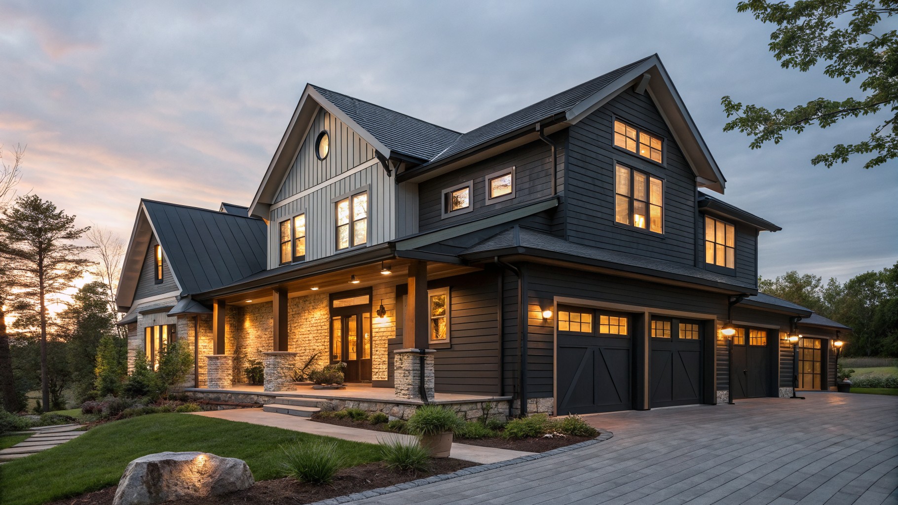 A two-story house with dark charcoal gray siding, white trim, and a wooden garage door.