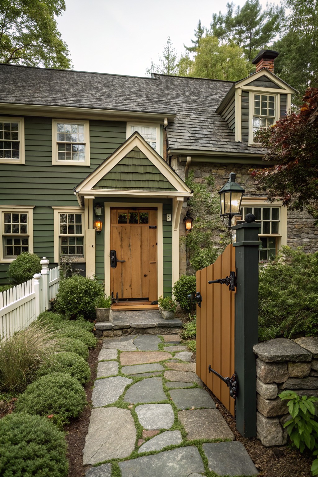 Dark green painted siding on a traditional house exterior.