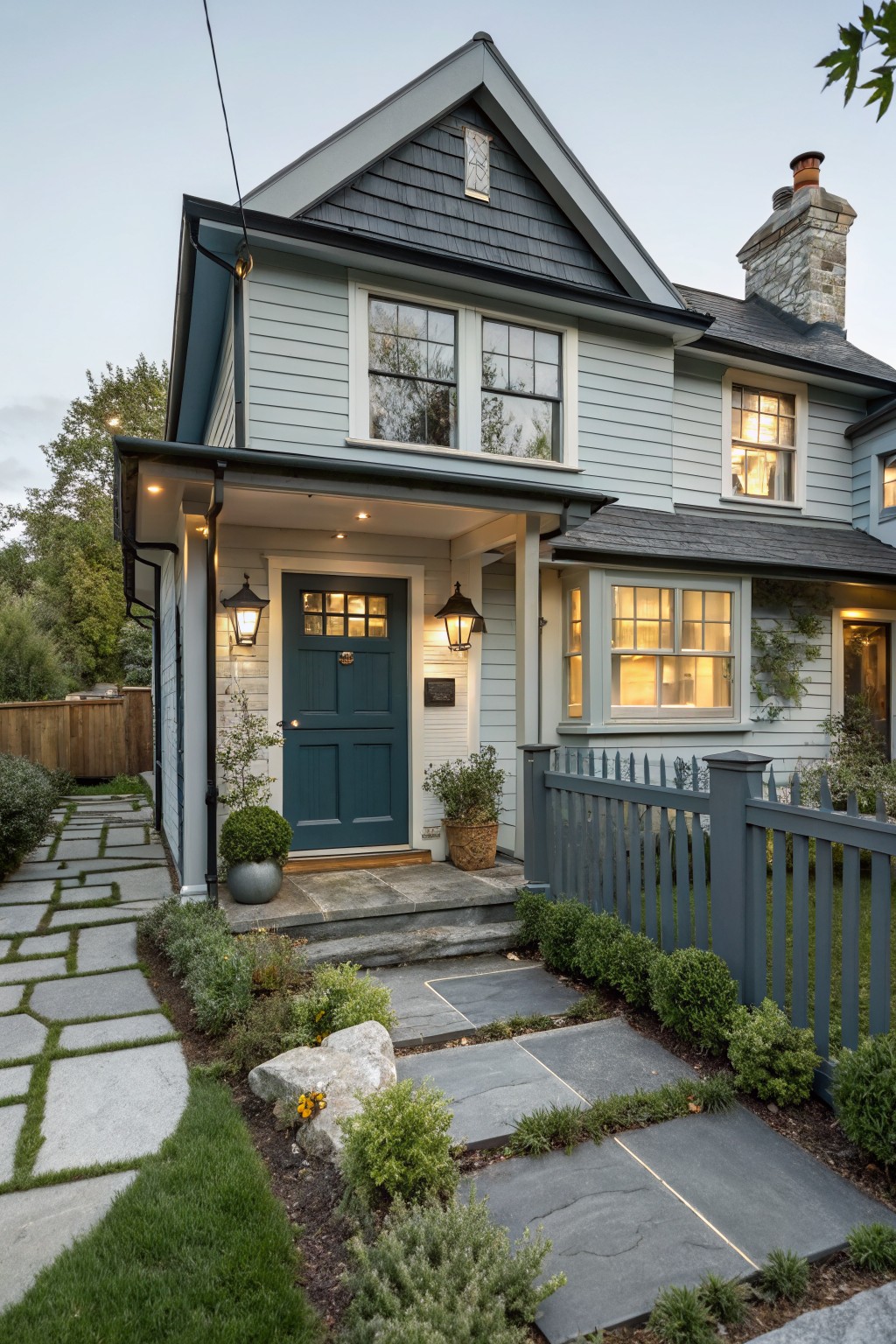 A house with soft blue gray siding and white window trim.