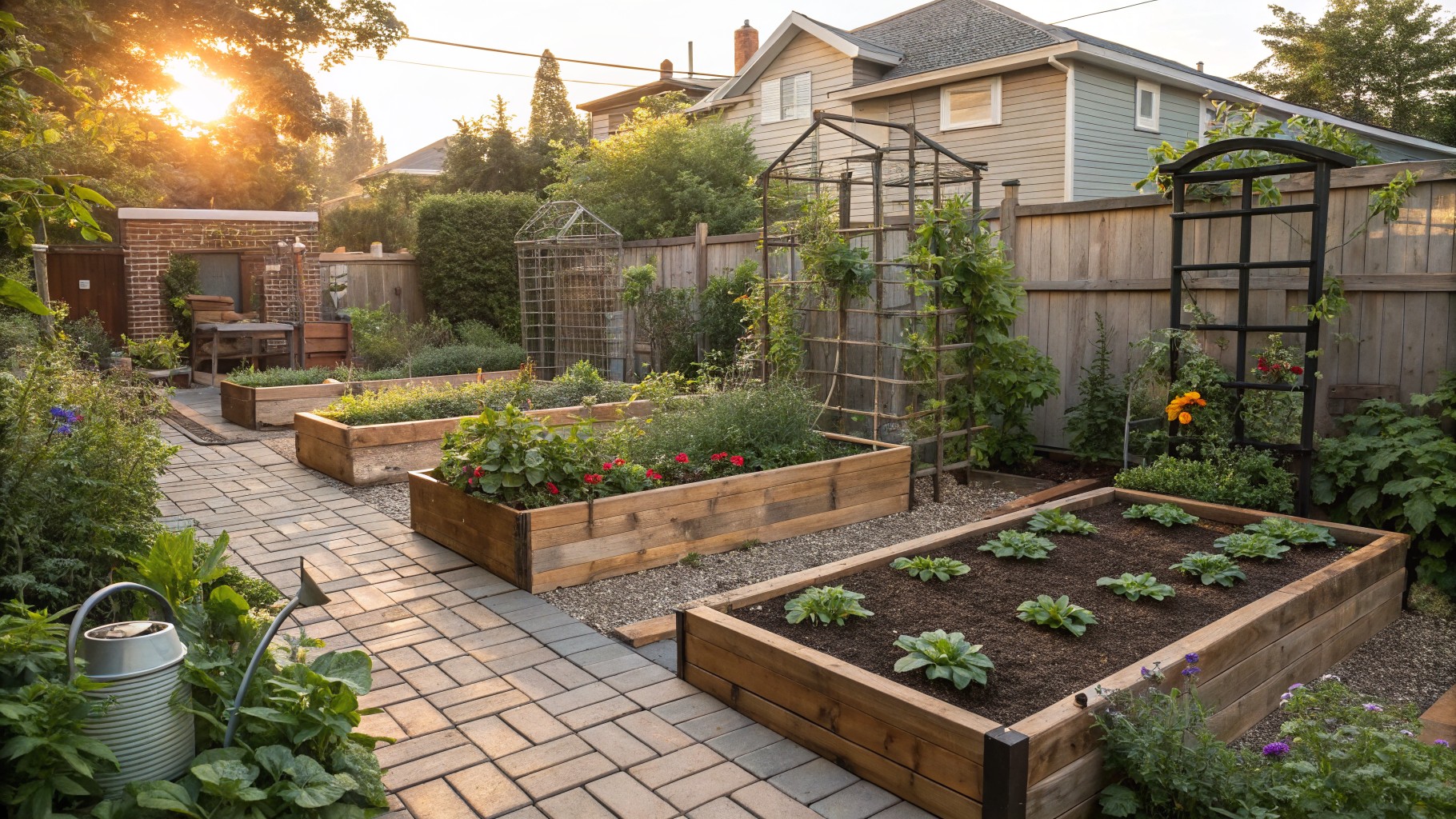 Backyard garden with multiple rectangular wooden raised beds planted with vegetables and herbs, arranged in a row alongside a stepping stone path on gravel ground cover, wooden shed and metal arbor in the background at sunset.