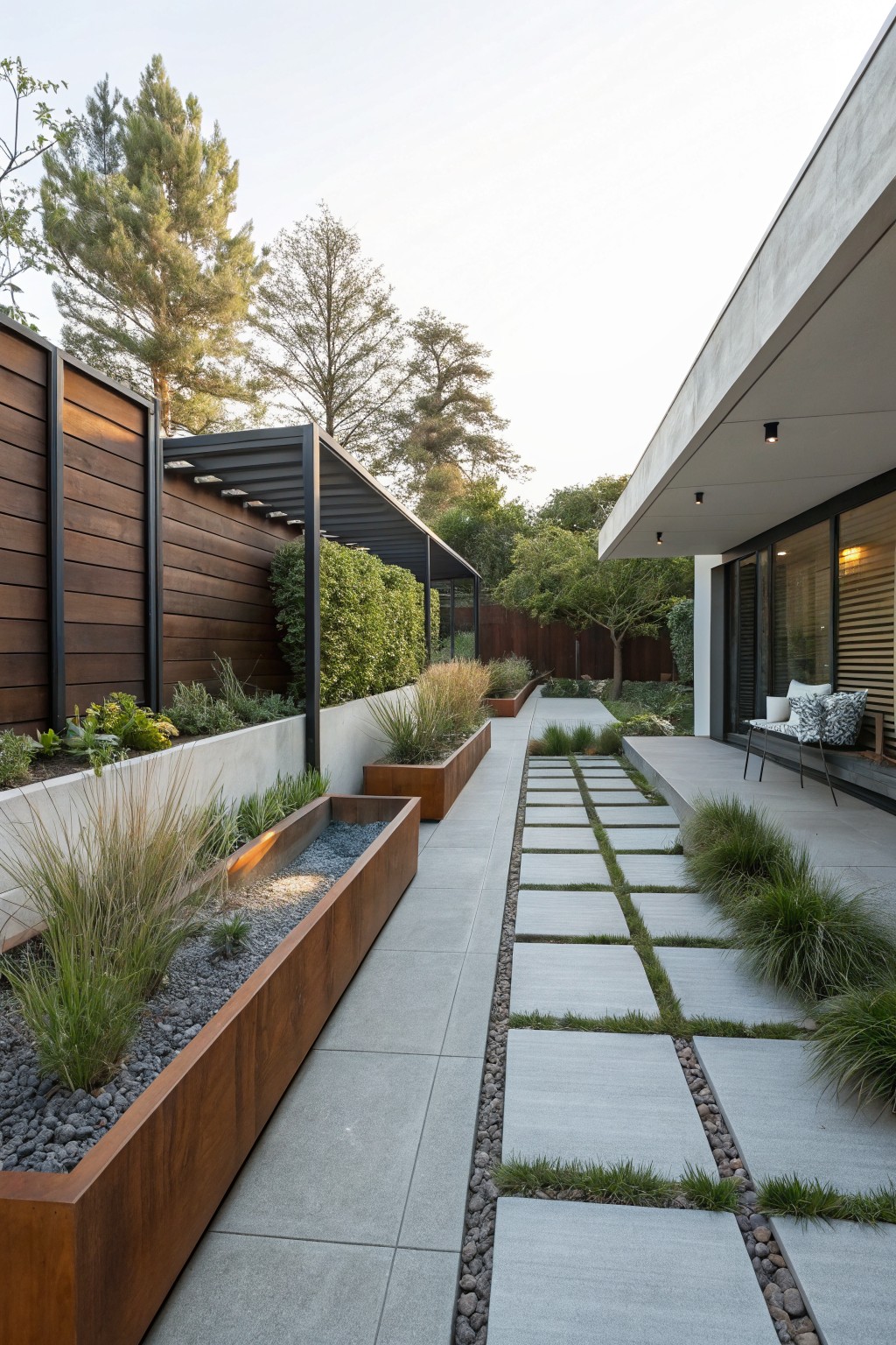 Backyard concrete pathway with square pavers and grass joints, flanked by long corten steel raised planters filled with ornamental grasses, pebbles, and mulch, leading to a modern house wall with windows.