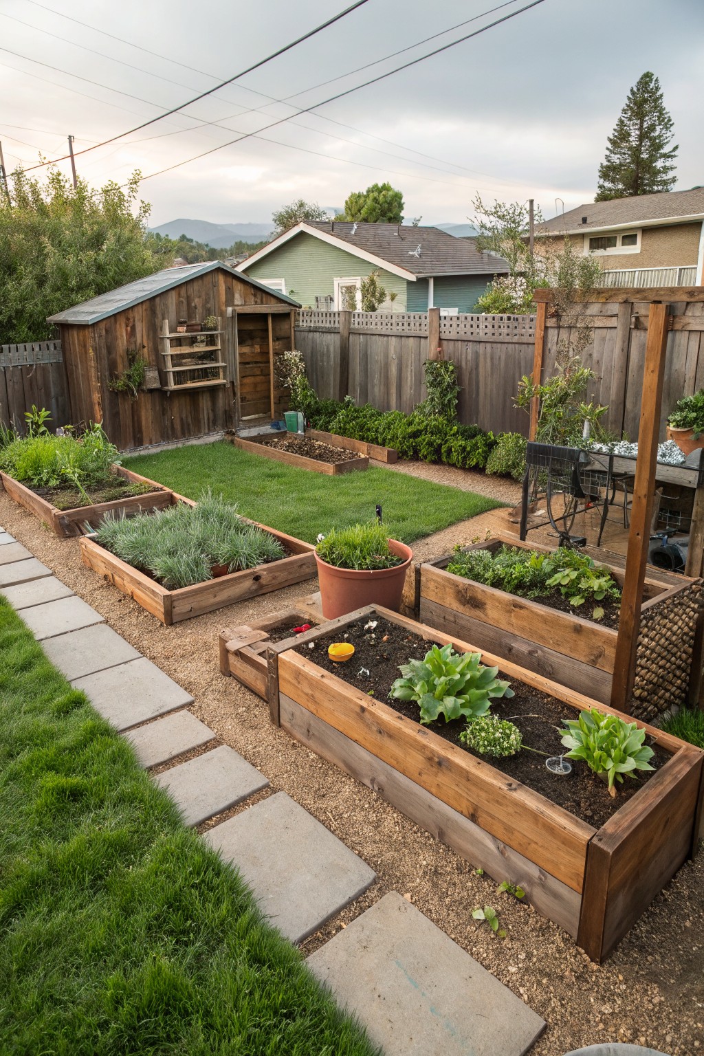 Backyard garden with multiple rectangular wooden raised beds filled with plants like greens and lavender, arranged parallel to a stone paver path, surrounded by grass, gravel, a wooden shed, and fencing.