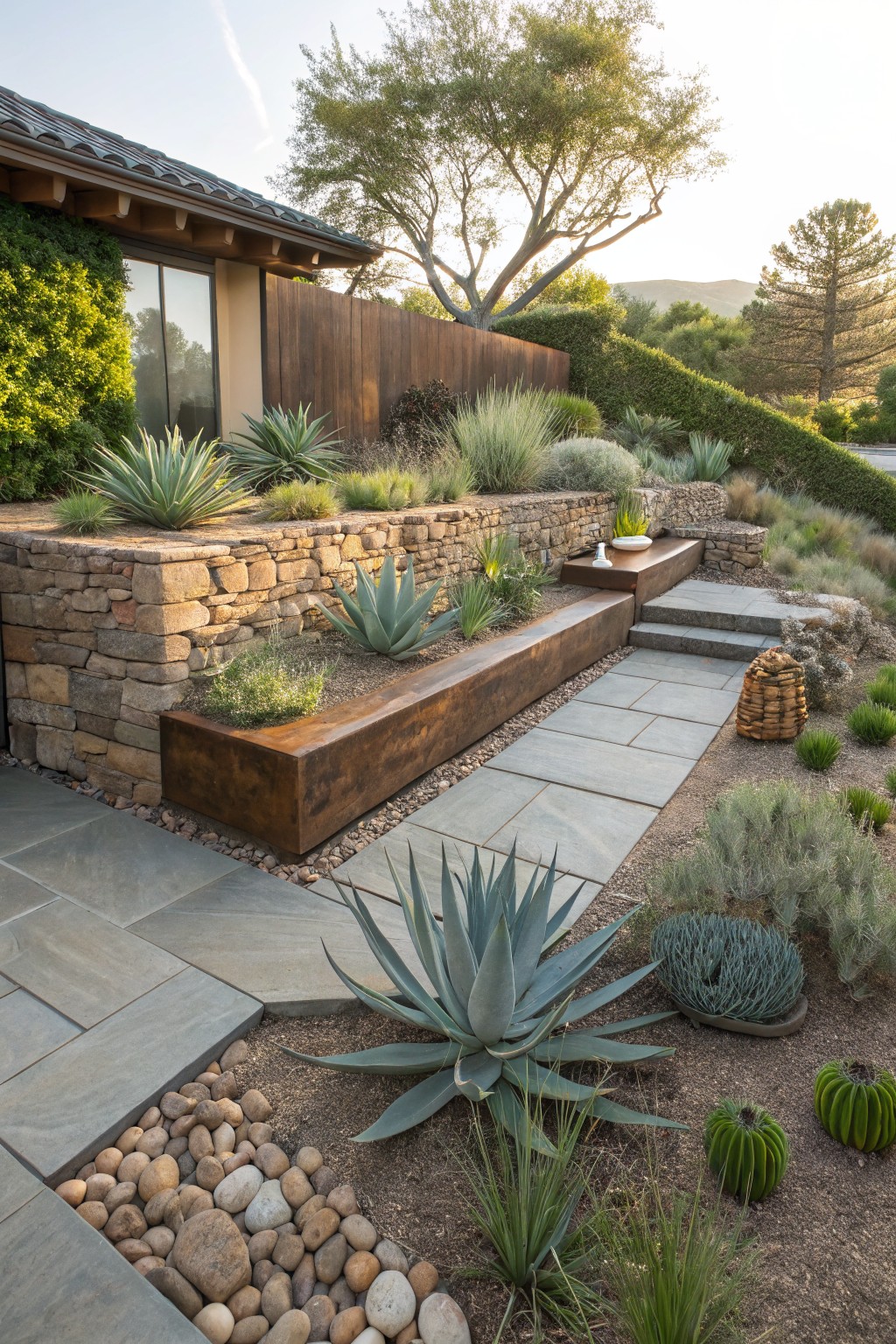 Sloped backyard landscaping with dry-stacked stone retaining walls forming raised beds planted with agaves and succulents, corten steel planters, bluestone paver path, gravel mulch, and a modern house in the background.