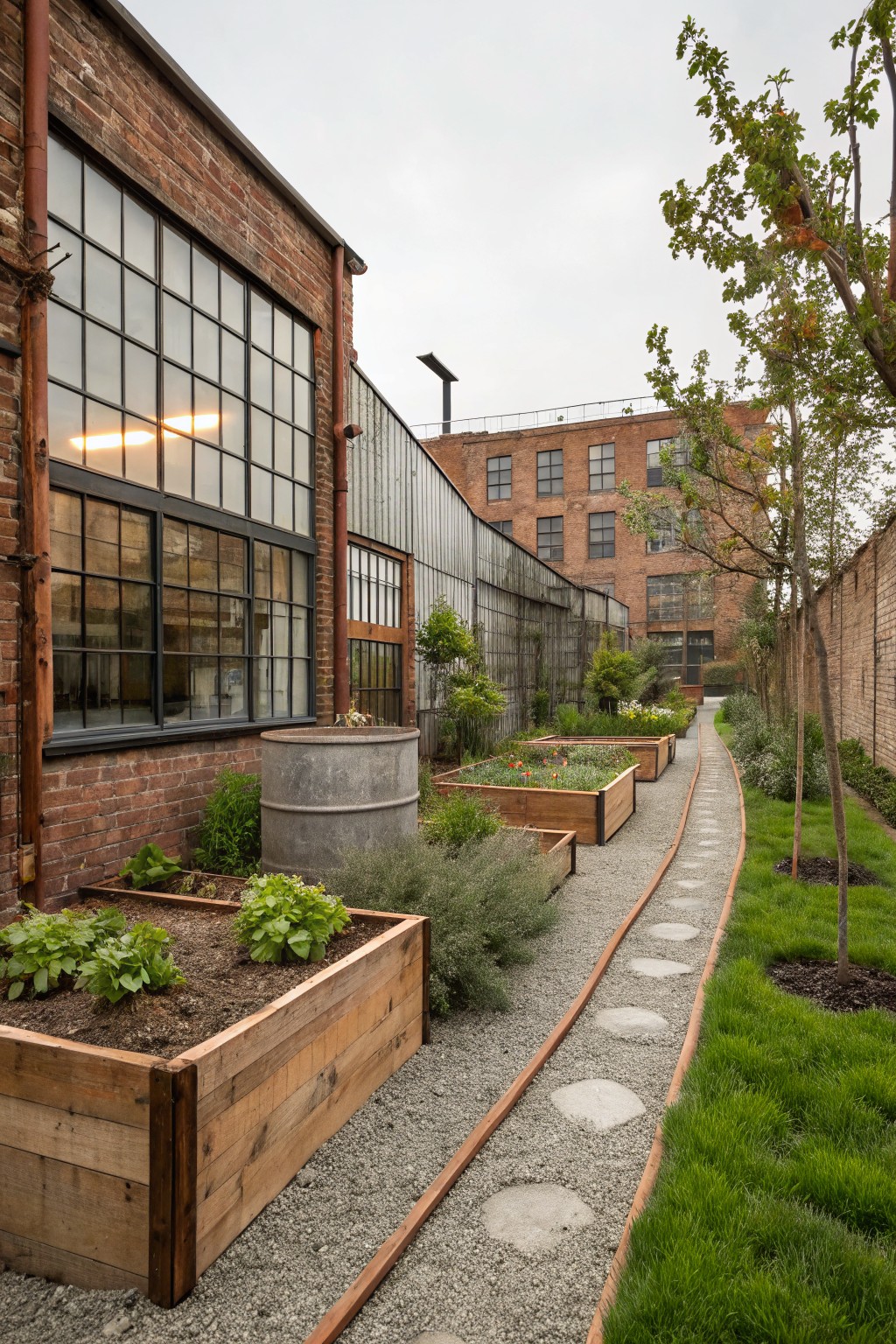 Narrow urban backyard garden featuring wooden raised beds planted with vegetables and herbs along brick walls, with a gravel path edged by round stepping stones and young trees.