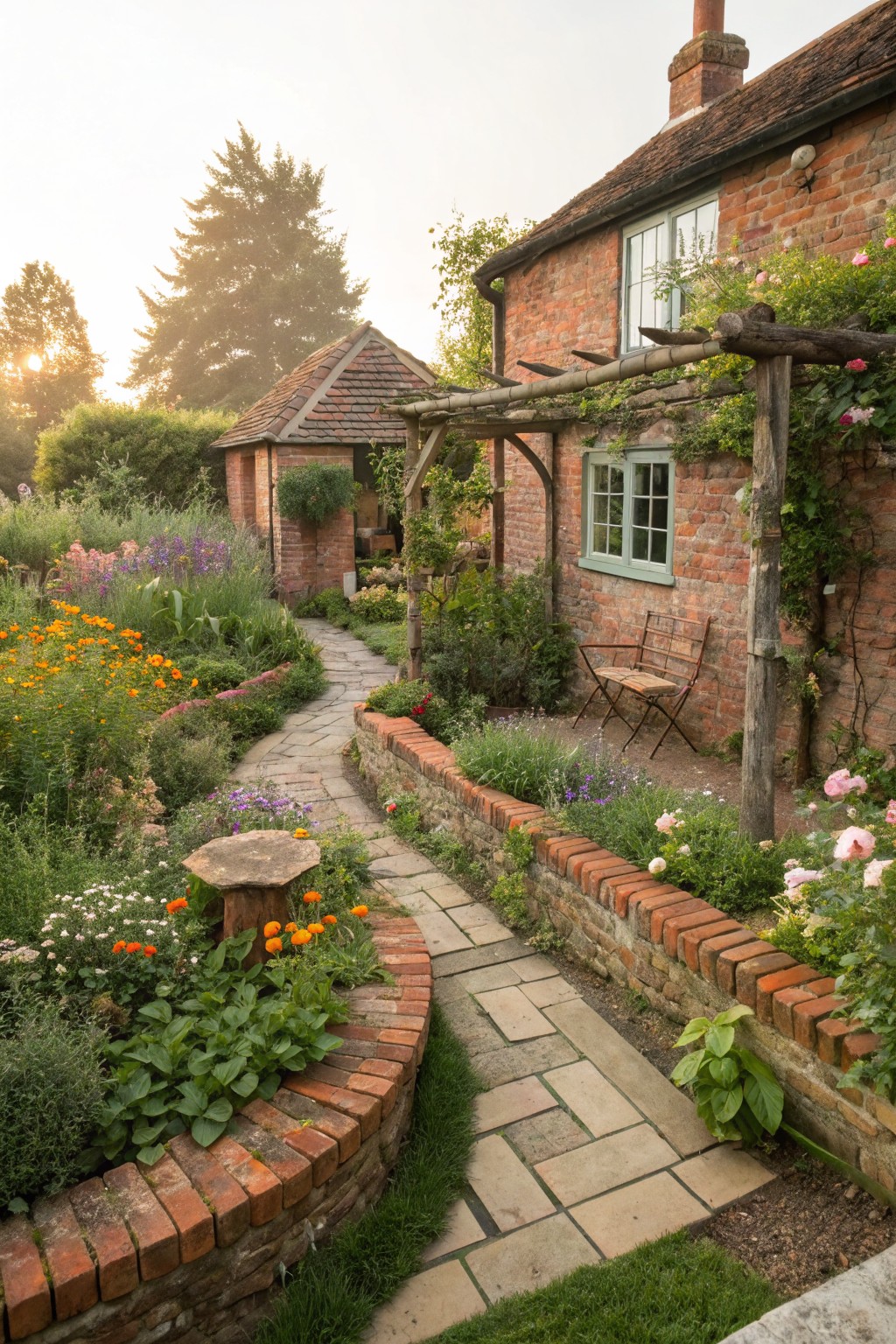 A winding irregular stone path bordered by curved low raised brick garden beds filled with colorful flowers, herbs, and plants next to a brick cottage house with climbing roses and an outdoor bench.