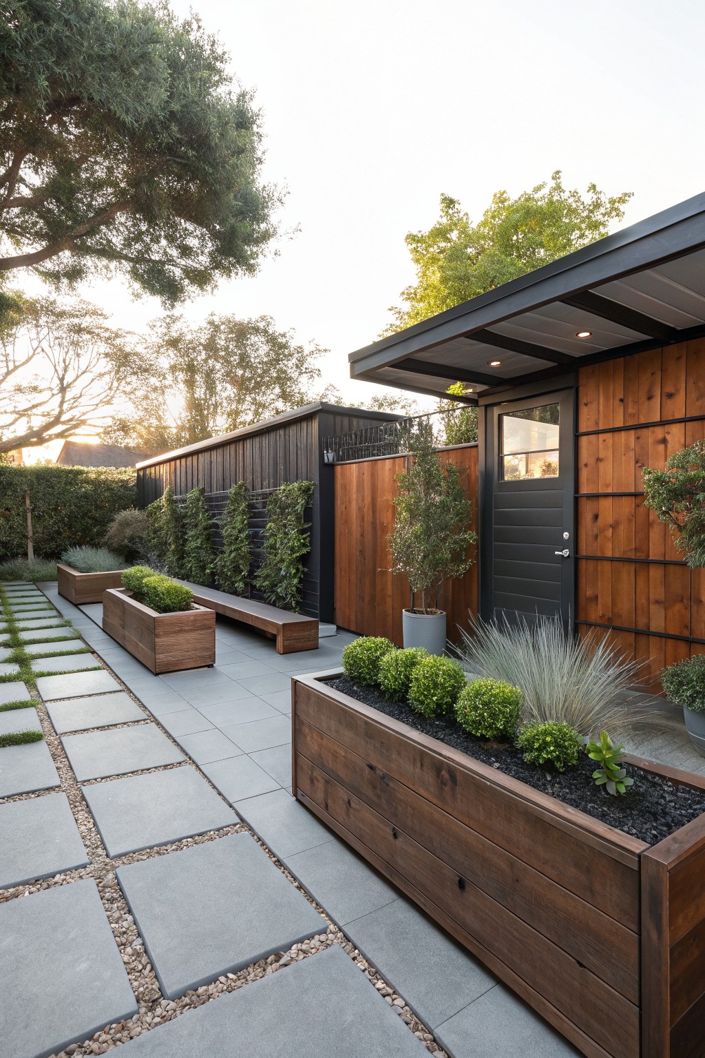 Gray stone paver pathway with pebble borders flanked by rectangular wooden raised garden beds containing boxwood shrubs, grasses, and succulents, leading to a modern cedar-clad structure with a black door and greenery backdrop.