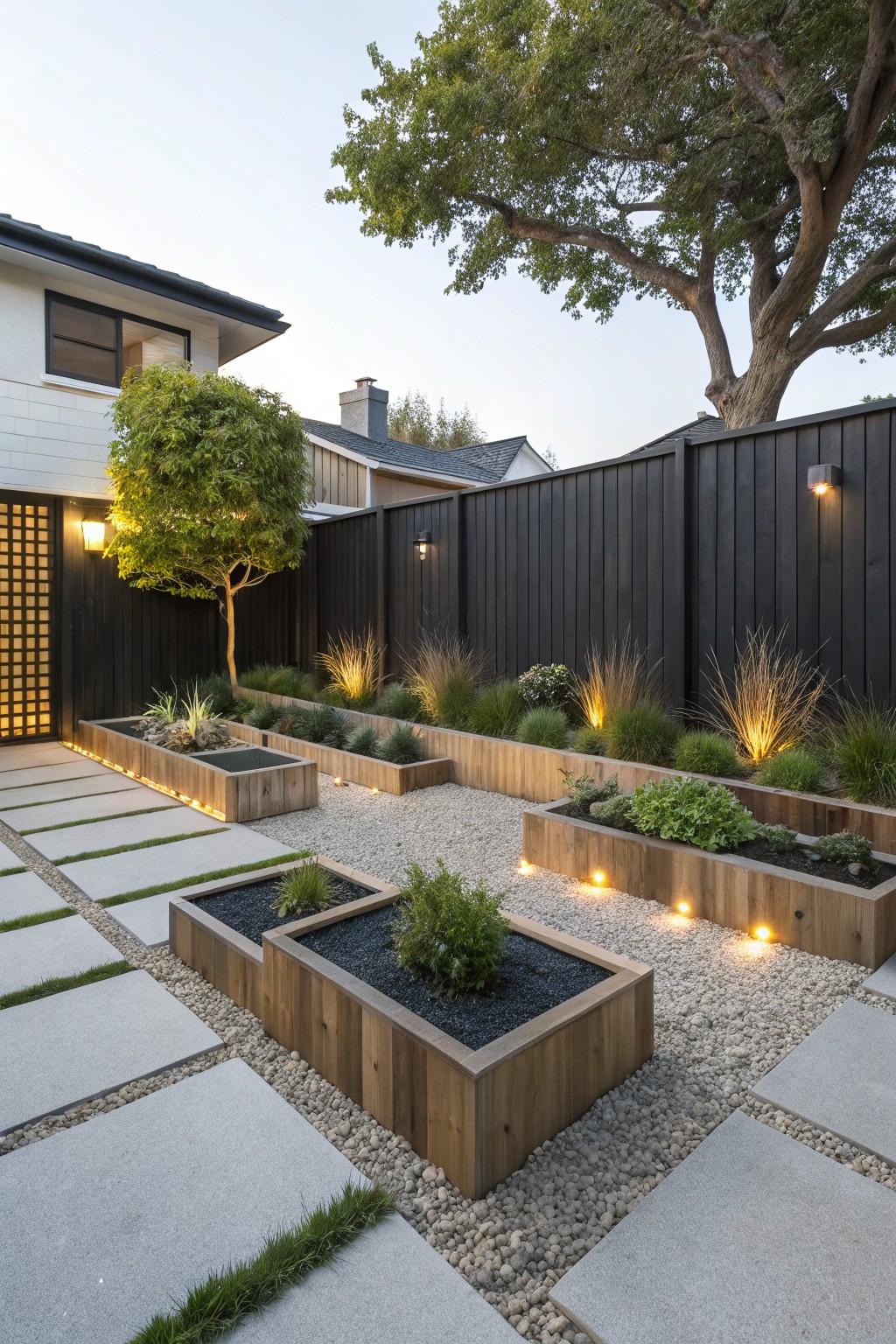 Backyard garden with multiple rectangular wooden raised beds containing plants and grasses, surrounded by gravel ground cover, stone paver paths, and low-voltage lighting, next to a dark wooden fence and house exterior.