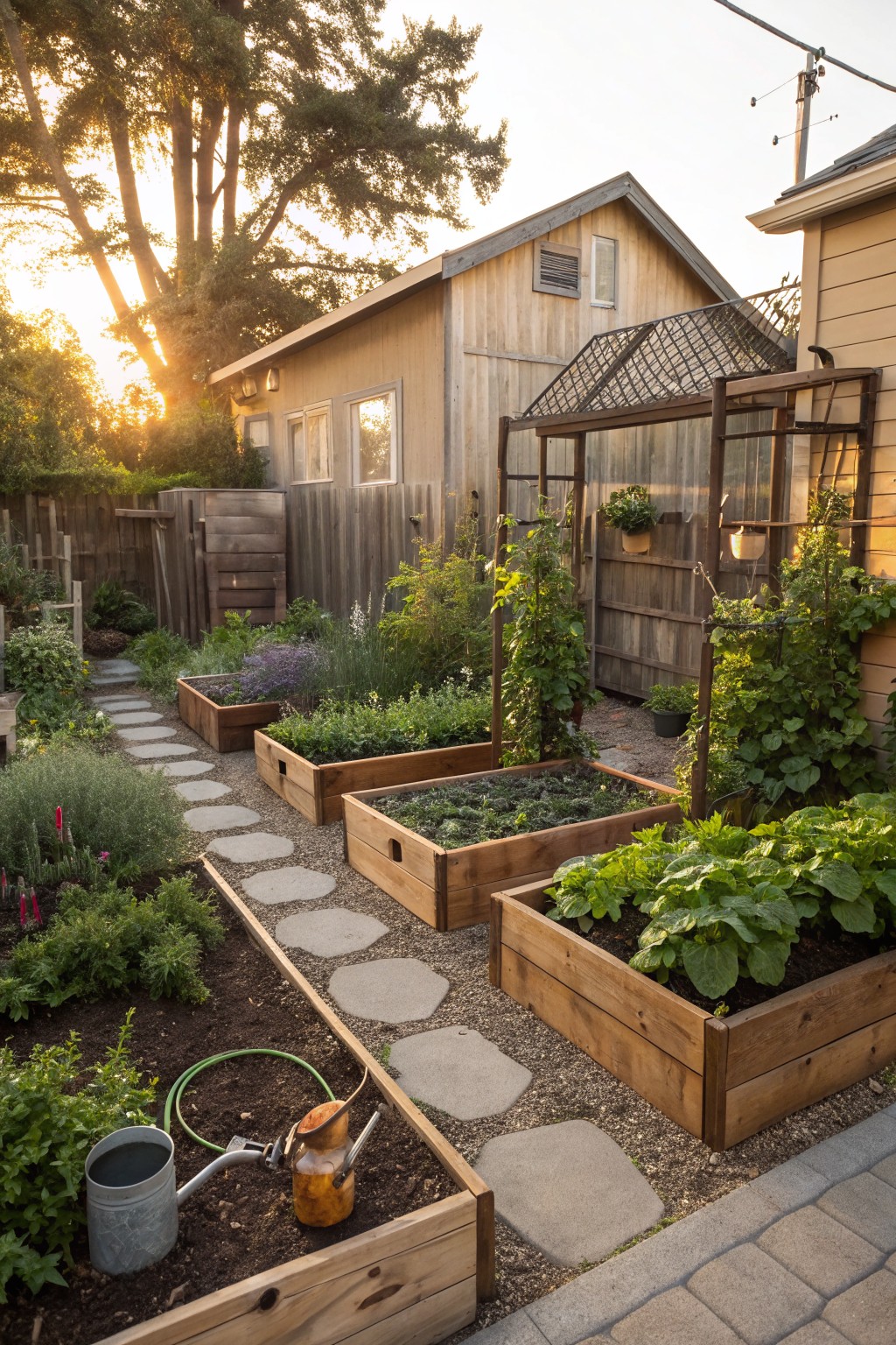 Backyard garden with multiple rectangular wooden raised beds planted with vegetables and herbs, arranged in a row alongside a stepping stone path on gravel ground cover, wooden shed and metal arbor in the background at sunset.