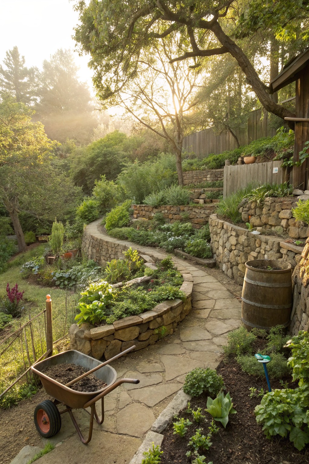 Sloped backyard garden with terraced raised beds formed by dry-stacked stone walls, a curving flagstone path, various green plants and herbs in beds, a wooden barrel planter, and a wheelbarrow with dirt.