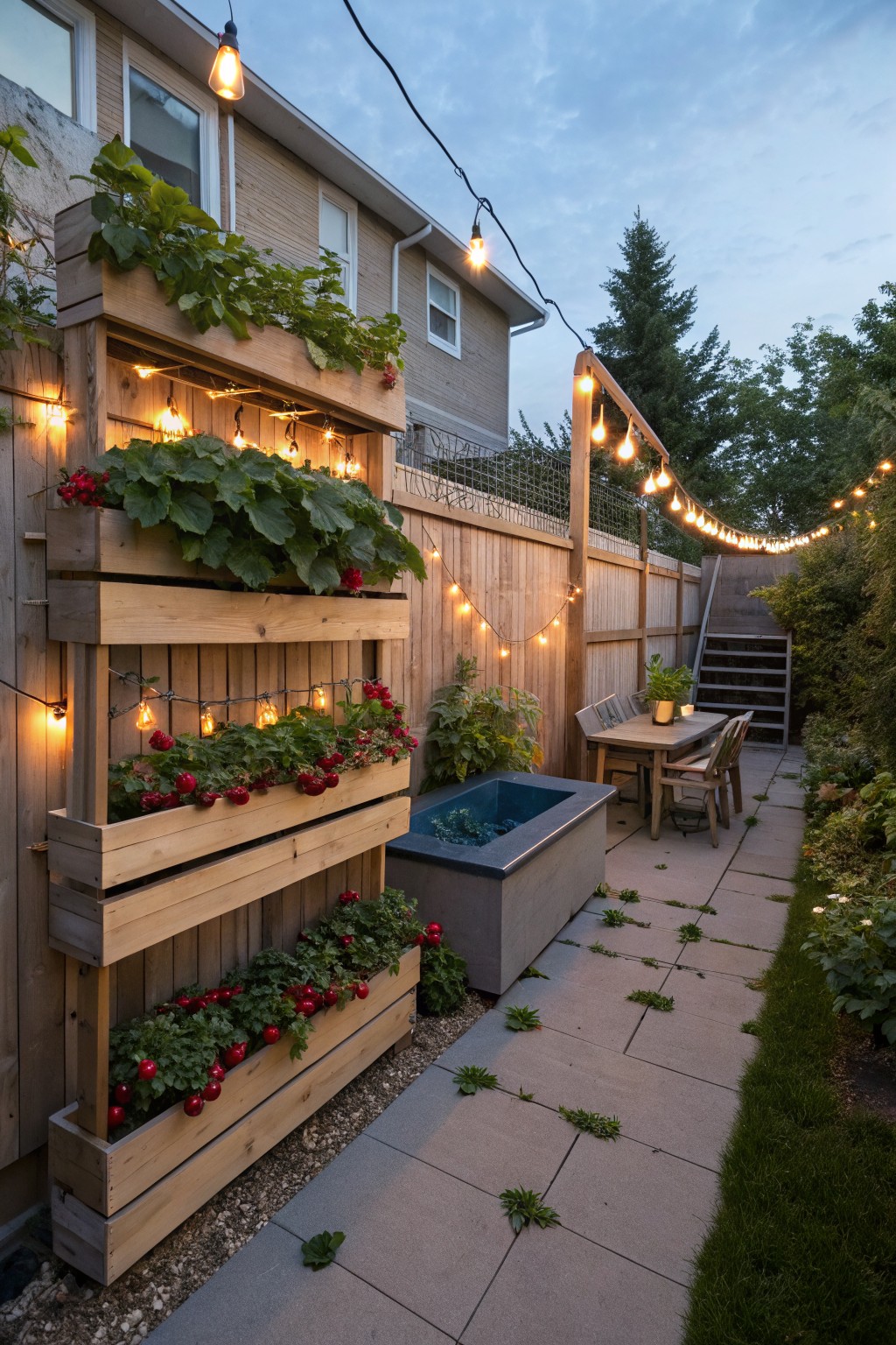 Wooden multi-tiered raised garden beds mounted against a backyard fence, planted with strawberry plants and leafy greens, with string lights overhead, a stone pathway, small blue hot tub, and outdoor dining table nearby.