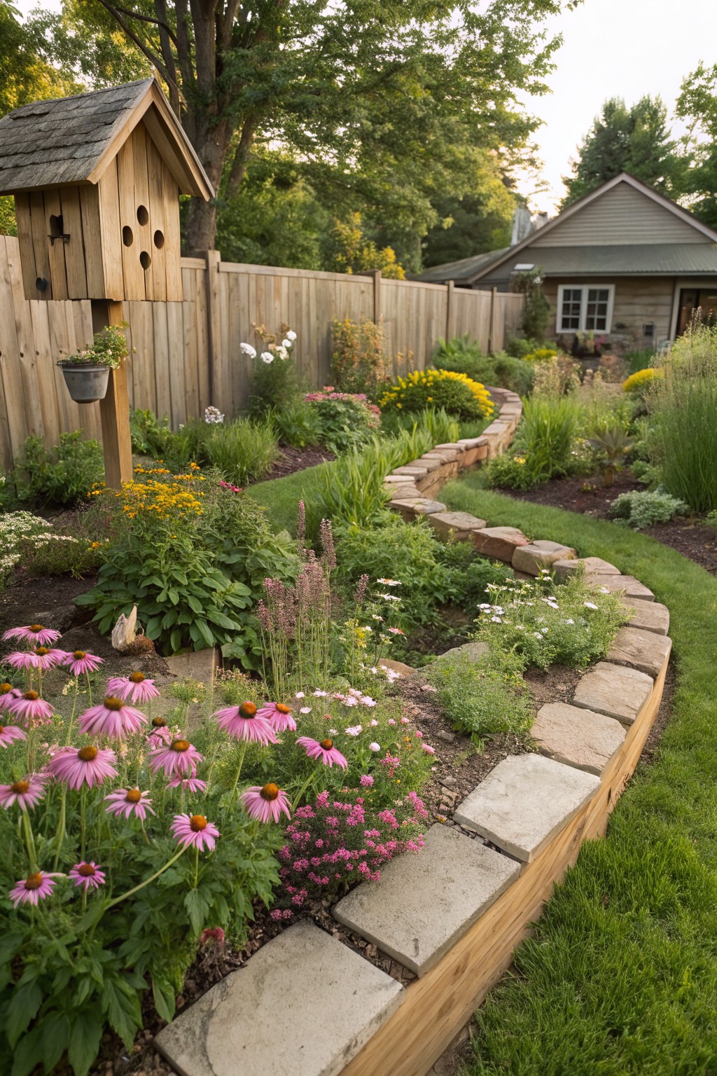 Backyard garden with a curving stone pathway bordered by raised wooden and stone-edged beds filled with pink coneflowers, other perennials, grasses, and mulch, next to a wooden fence with a birdhouse and a small shed nearby.