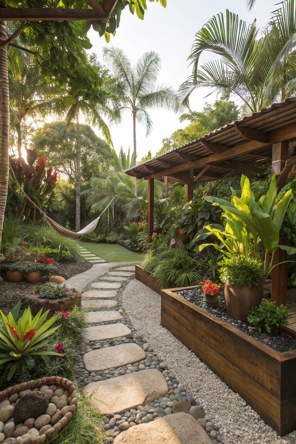 Tropical backyard path of irregular stone stepping stones winding through lush greenery, bordered by wooden raised garden beds filled with gravel, plants, and potted flowers, with a hammock and pergola structure nearby.