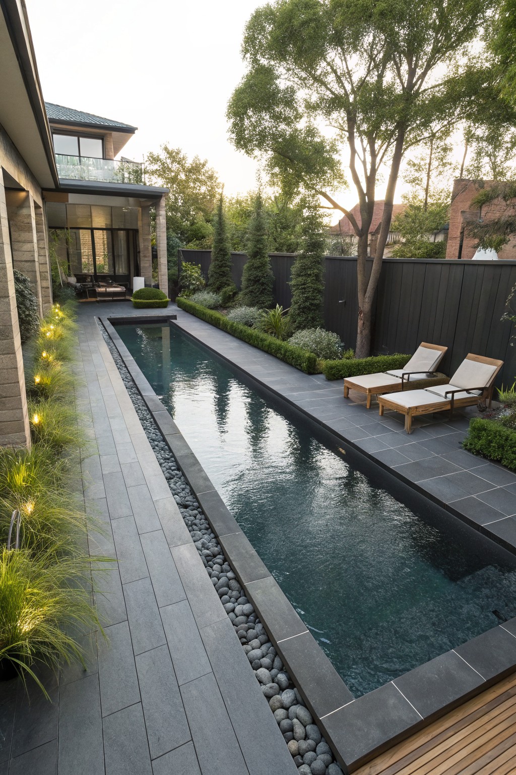 Long narrow swimming pool with dark water and slate tile decking in a backyard, edged with pebbles and grasses on one side, wooden lounge chairs at the end, stone house wall and trees in background.