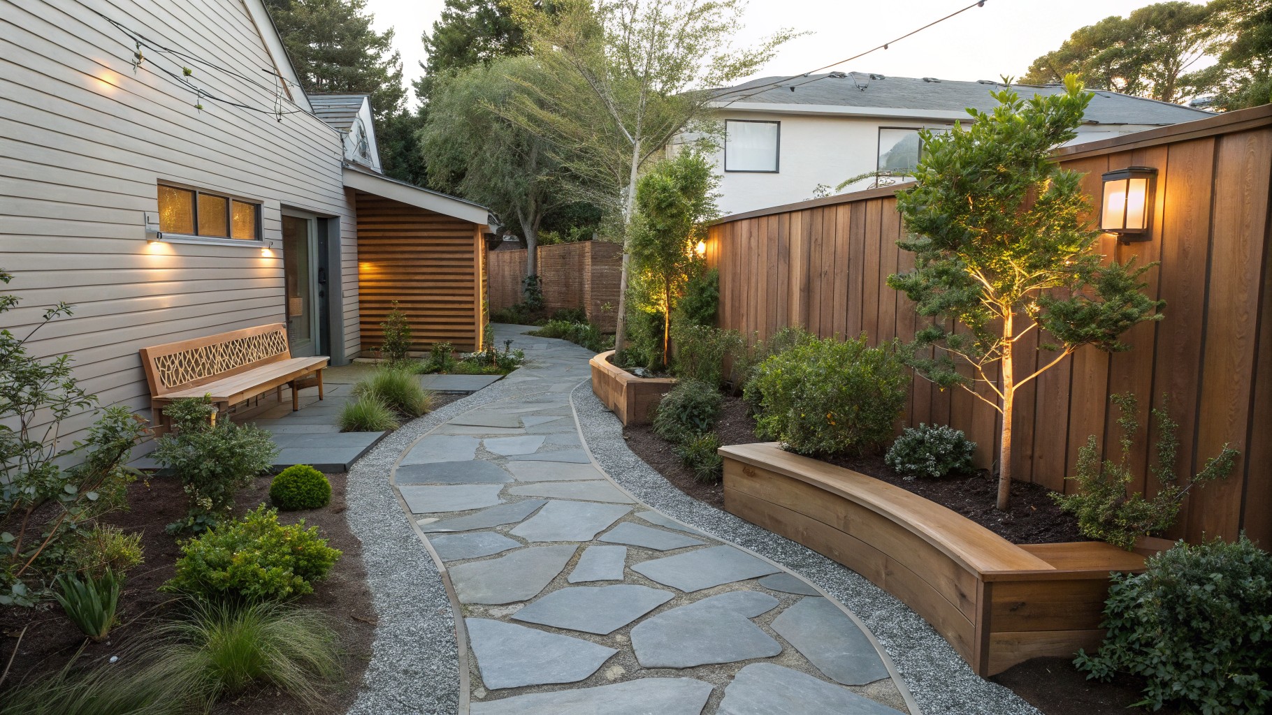 A curved gray stone paver path winds through a backyard garden, bordered by river rocks and low plantings, with a wooden bench beside a raised concrete planter, young trees, wooden fences, and a tall light post.