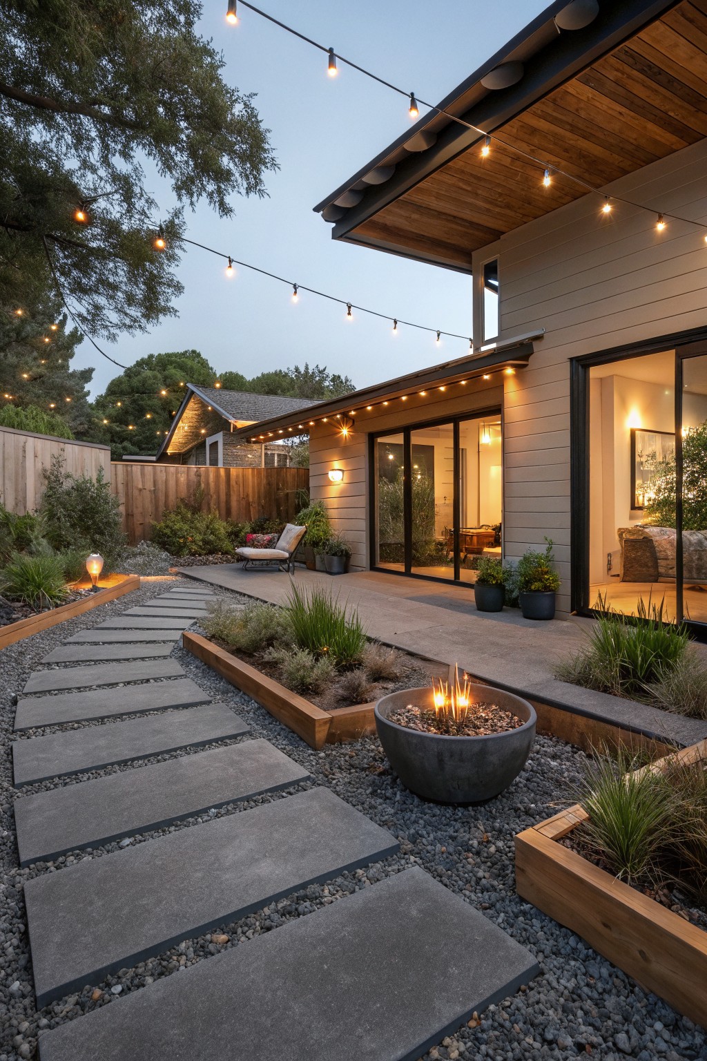 Winding gray stone paver path bordered by linear wooden raised planters with grasses and succulents, leading through gravel yard to concrete patio with metal fire pit bowl, lounge chair, potted plants, and beige modern house with sliding glass doors and string lights at dusk.