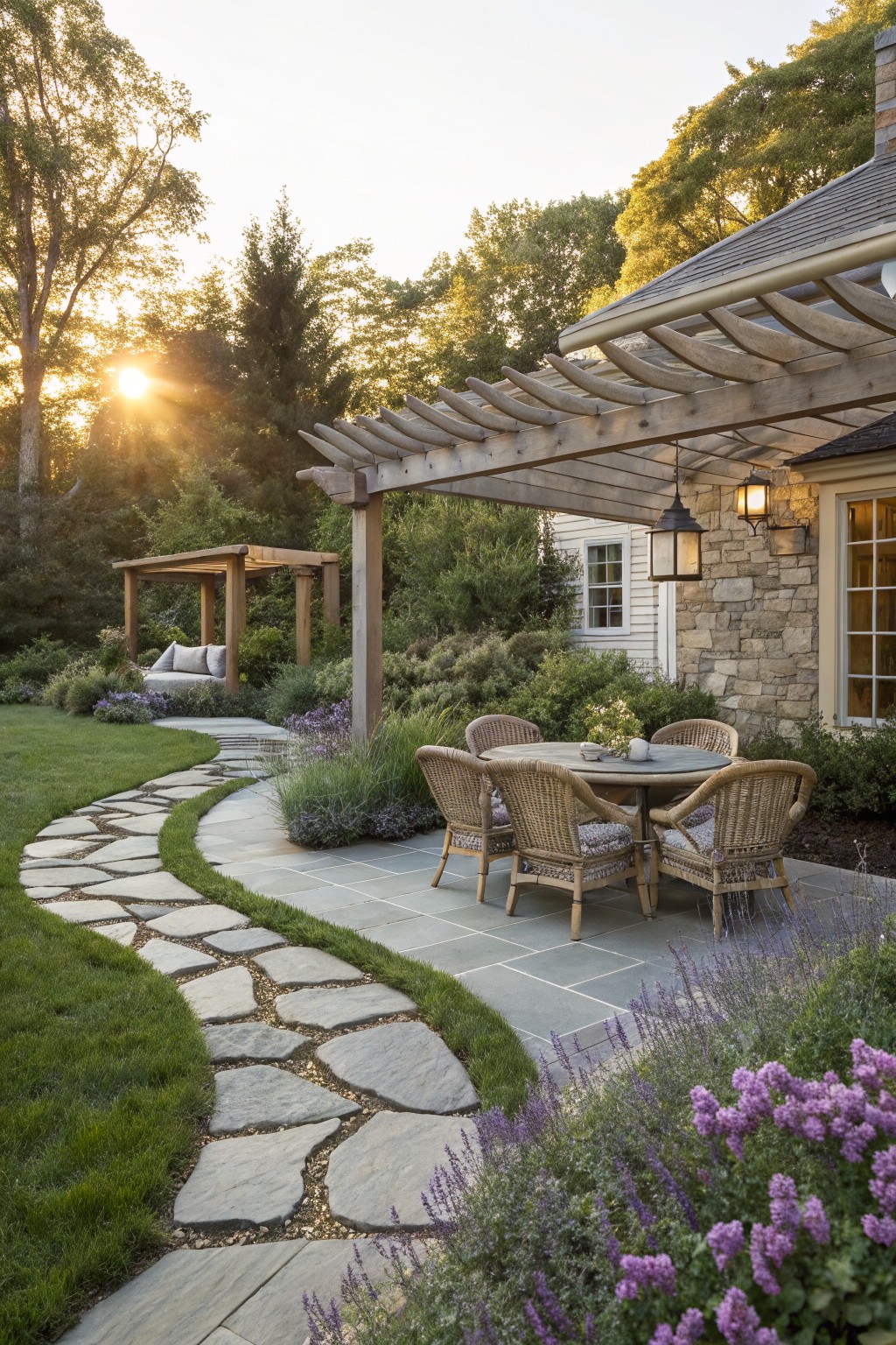 Wooden pergola covering a slate patio with wicker chairs and round table, winding stone path through lawn and lavender plants leading to a distant daybed structure beside a stone house wall at sunset.