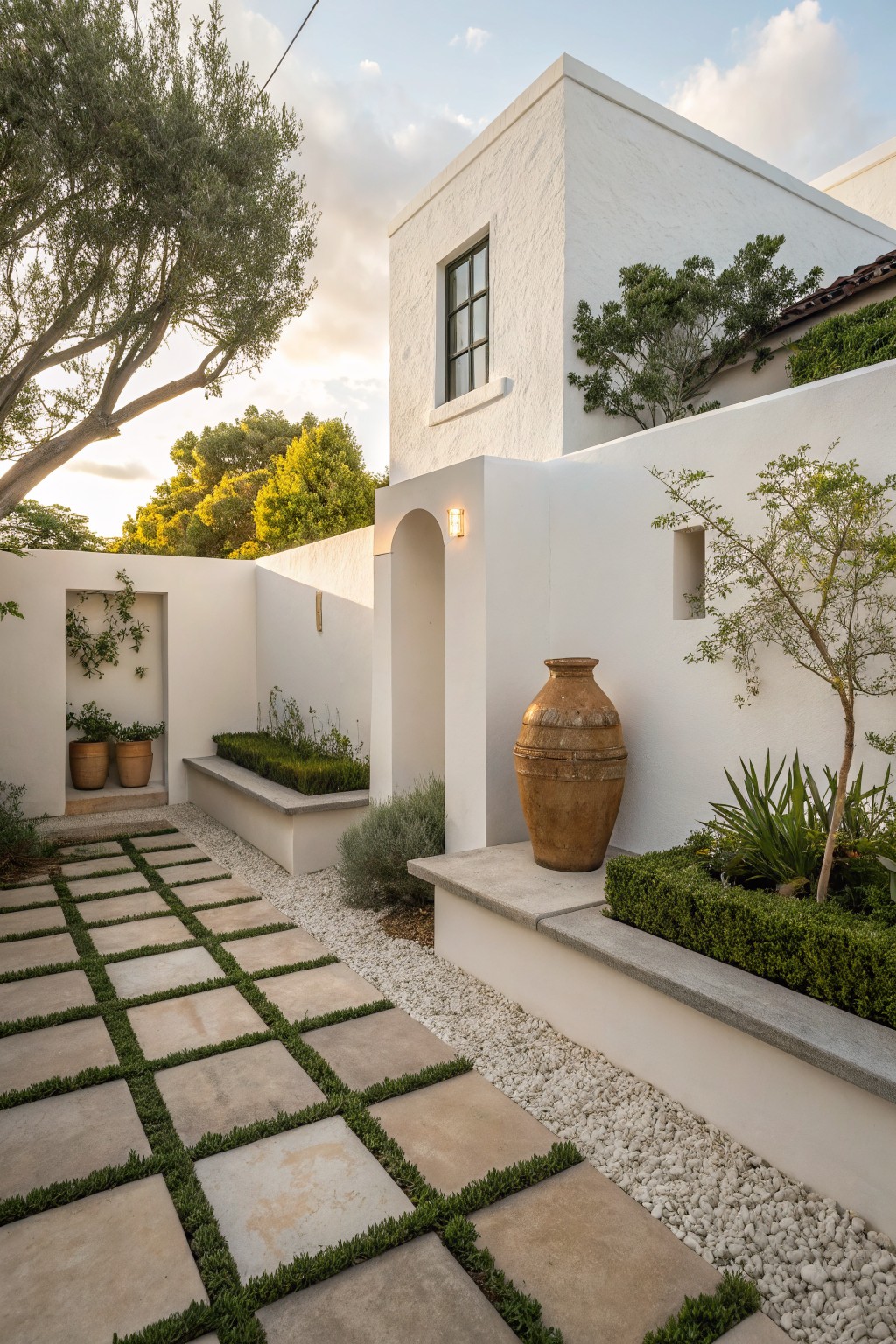 White stucco courtyard walls enclose a pathway of large beige square pavers with grass growing between them, flanked by gravel, low hedges, potted plants, and a large terracotta jar.