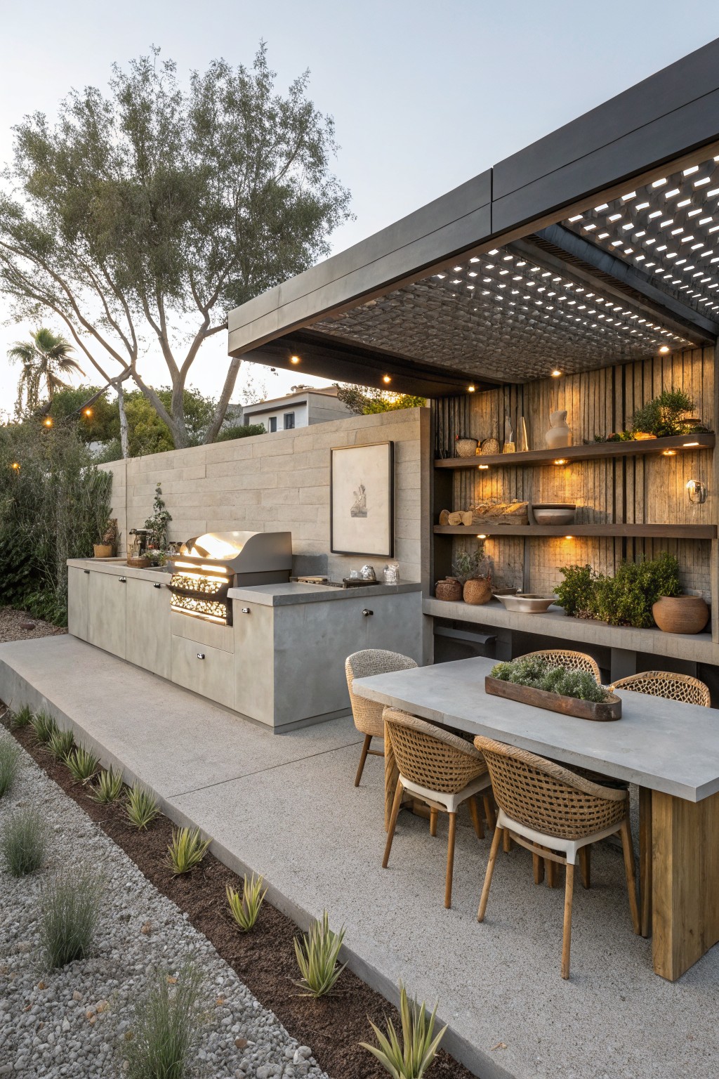 Long concrete outdoor kitchen counter with built-in gas grill, storage drawers, wooden shelves displaying pottery and plants, adjacent concrete dining table with rattan chairs, under a black metal pergola with lighting, bordered by gravel path and agave plants.