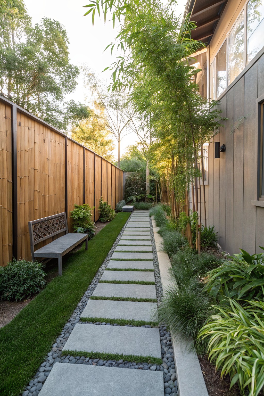 Narrow backyard pathway of large rectangular gray concrete stepping stones set in grass, edged with black pebbles and low green plants including grasses and bamboo, next to a gray house wall and wooden fence.