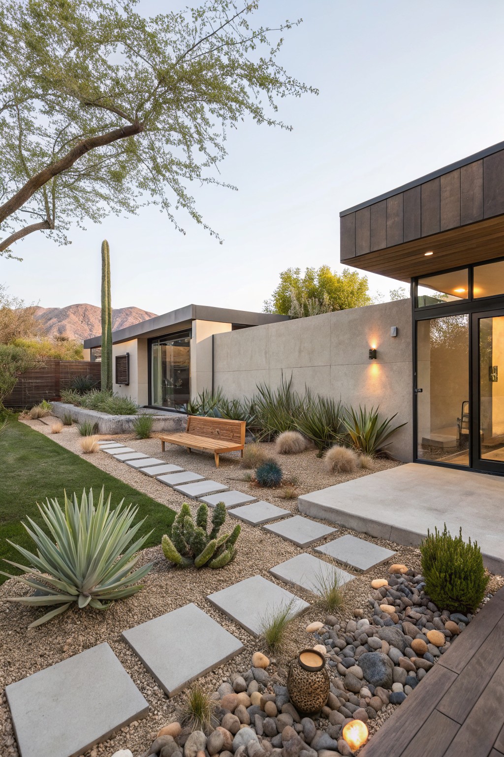 Backyard landscaping with a concrete stepping stone path winding through gravel mulch beds planted with agave, cactus, and grasses, leading to a modern house entry with a wooden bench nearby and desert mountains in the background.
